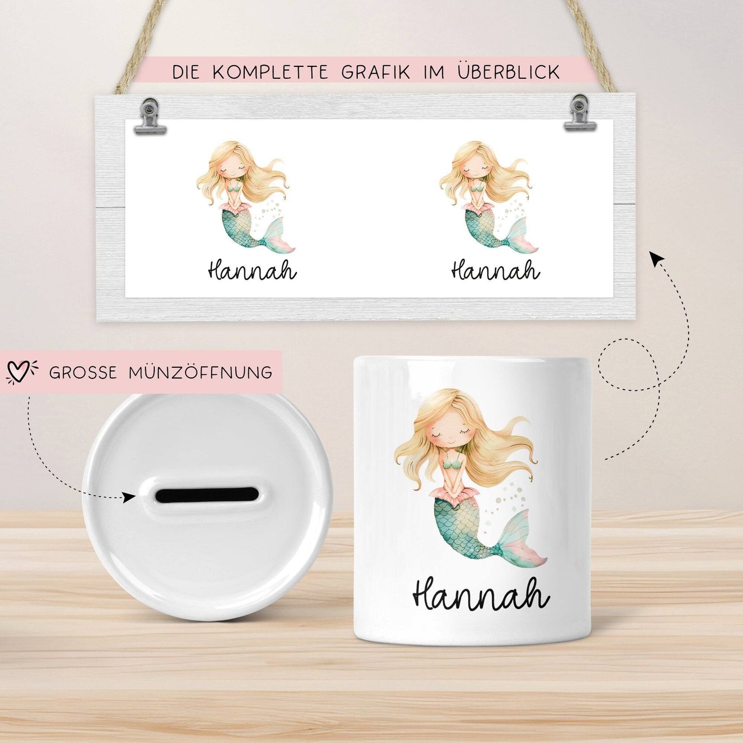 Spardose Meerjungfrau Personalisiert mit Name oder Wunschnamen für Mädchen aus Keramik. Geschenk Taufe, Geburtstag od. Weihnachten - 06  kleinebuchstaben   