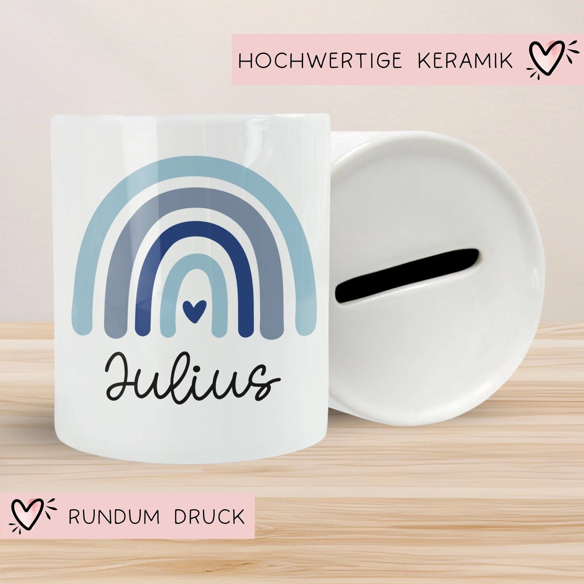 Personalisierte Spardose Regenbogen mit Namen und Datum - Blau - Geschenk für Junge zum Geburtstag Weihnachten Firmung Geburt Einschulung  kleinebuchstaben   