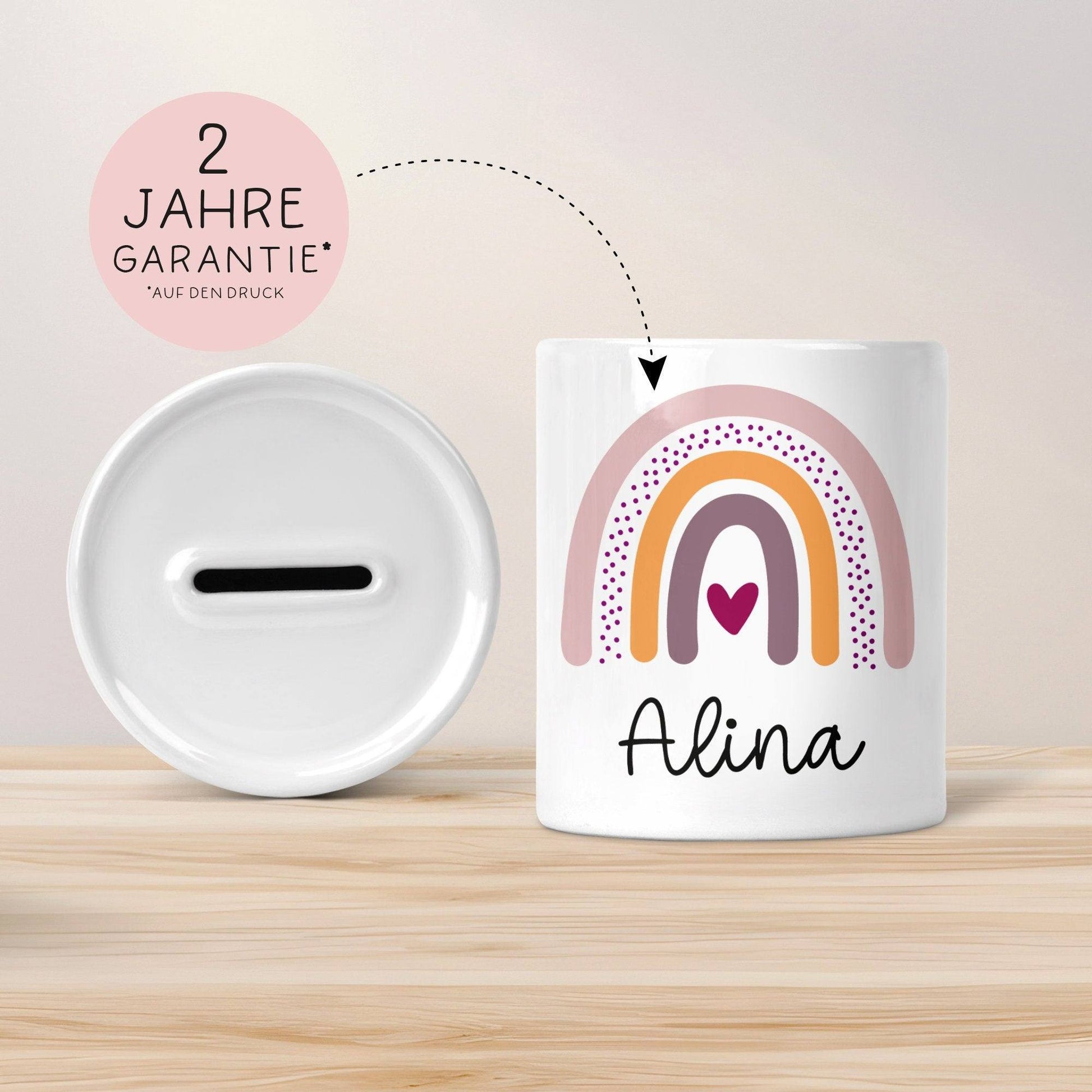 Personalisierte Spardose Regenbogen mit Namen und Datum - Rosa - Geschenk für Mädchen zum Geburtstag Weihnachten Firmung Geburt Einschulung  kleinebuchstaben   