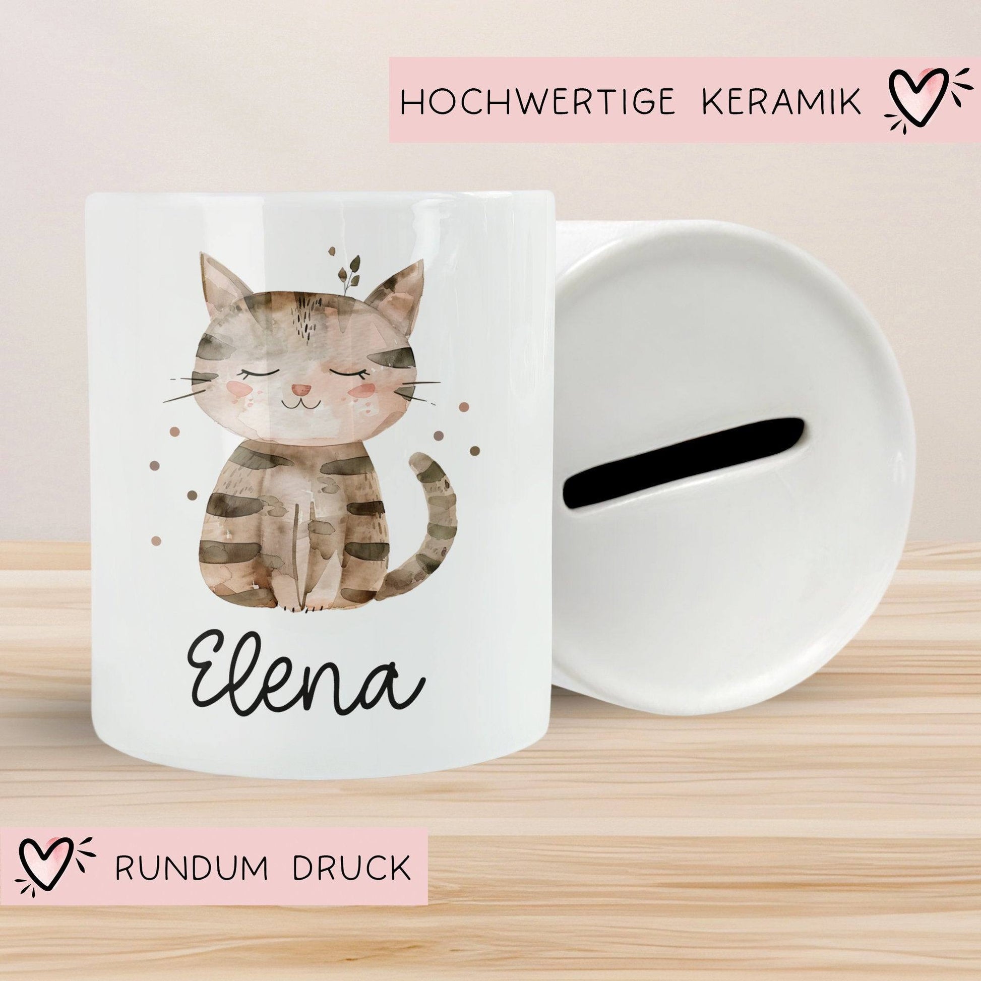 Personalisierte Kinder Spardose Katze Tier mit Namen optional mit Datum - Braun - Geschenk für Junge & Mädchen zum Geburtstag Weihnachten  kleinebuchstaben   