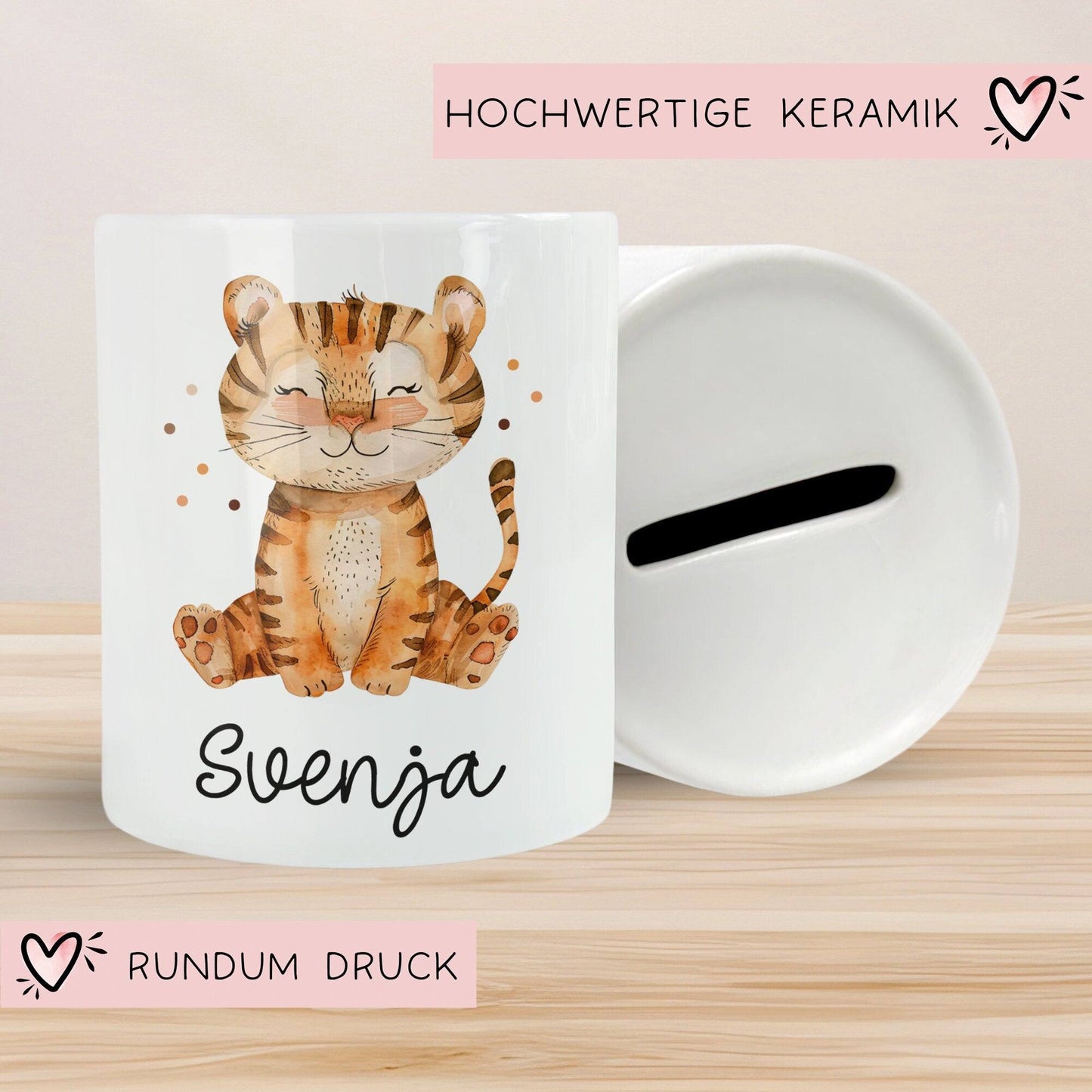 Personalisierte Kinder Spardose Tiger Tier mit Namen optional mit Datum - Gelb - Geschenk für Junge & Mädchen zum Geburtstag Weihnachten  kleinebuchstaben   