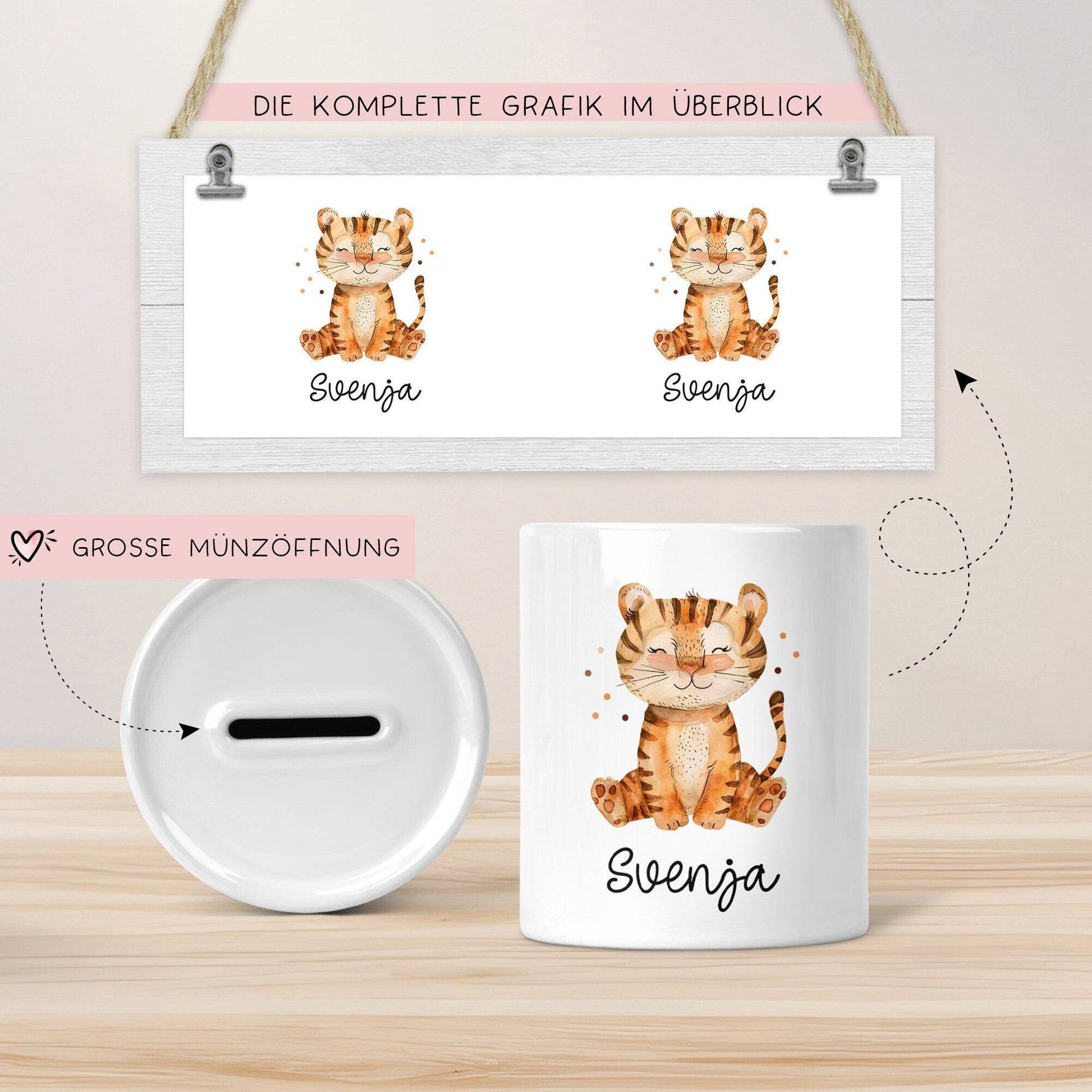 Personalisierte Kinder Spardose Tiger Tier mit Namen optional mit Datum - Gelb - Geschenk für Junge & Mädchen zum Geburtstag Weihnachten  kleinebuchstaben   