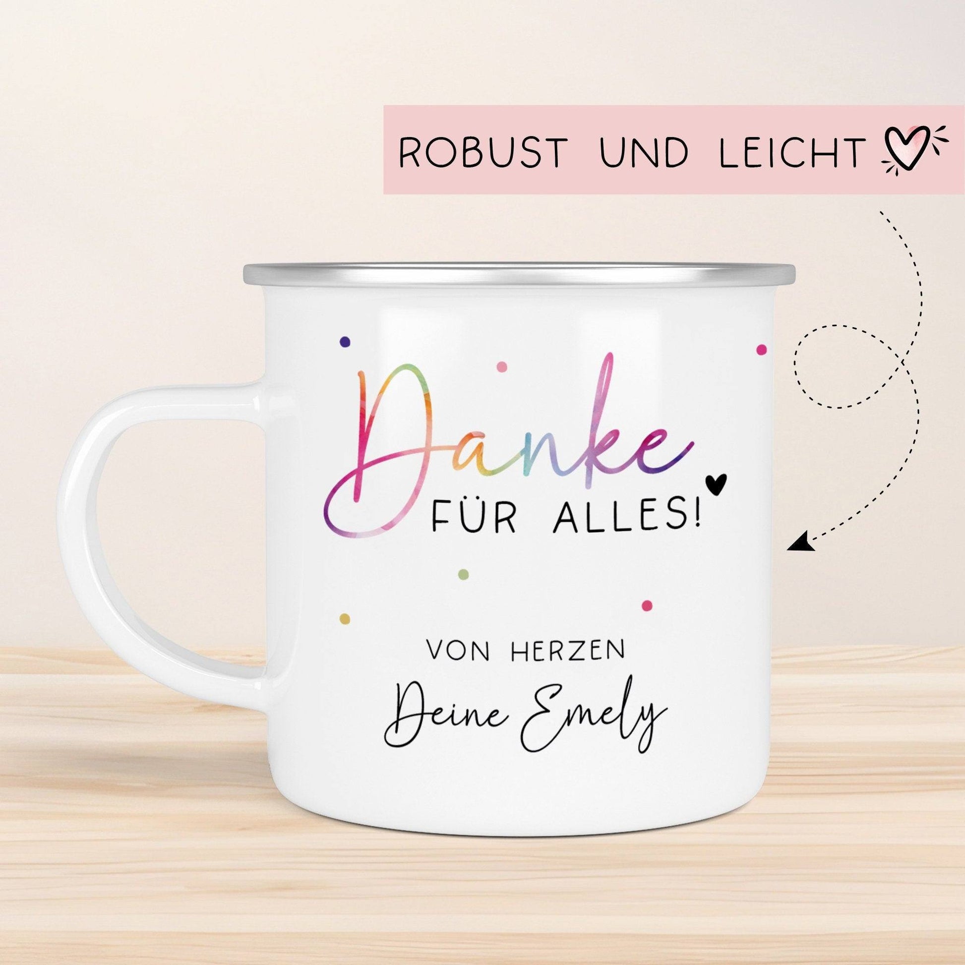 Abschiedsgeschenk Erzieherin Geschenk Abschiedsgeschenk Lehrerin Dankeschön Geschenk Tasse - Danke für alles - Emaille Tasse Becher  kleinebuchstaben   