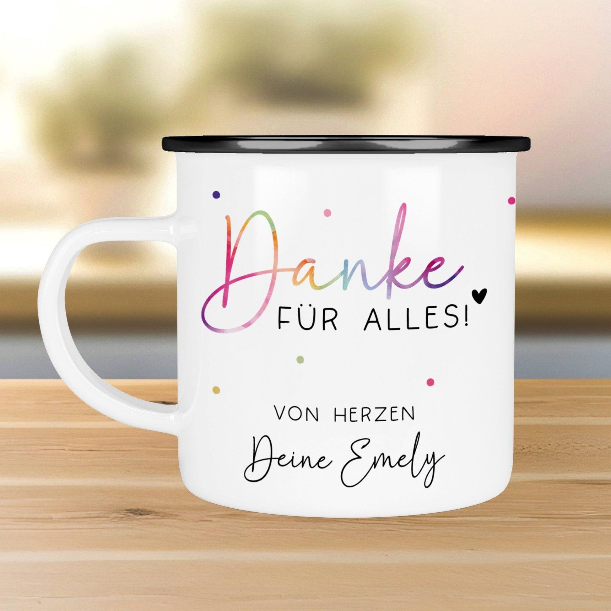 Abschiedsgeschenk Erzieherin Geschenk Abschiedsgeschenk Lehrerin Dankeschön Geschenk Tasse - Danke für alles - Emaille Tasse Becher  kleinebuchstaben Danke für alles Schwarz 