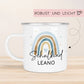 Schulanfang Schulkind Emaille Tasse Becher | Personalisiert mit Wunschnamen | Kindertasse zur Einschulung | Regenbogen im Aquarell-Stil  kleinebuchstaben   