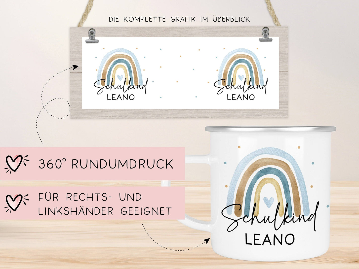 Schulanfang Schulkind Emaille Tasse Becher | Personalisiert mit Wunschnamen | Kindertasse zur Einschulung | Regenbogen im Aquarell-Stil  kleinebuchstaben   