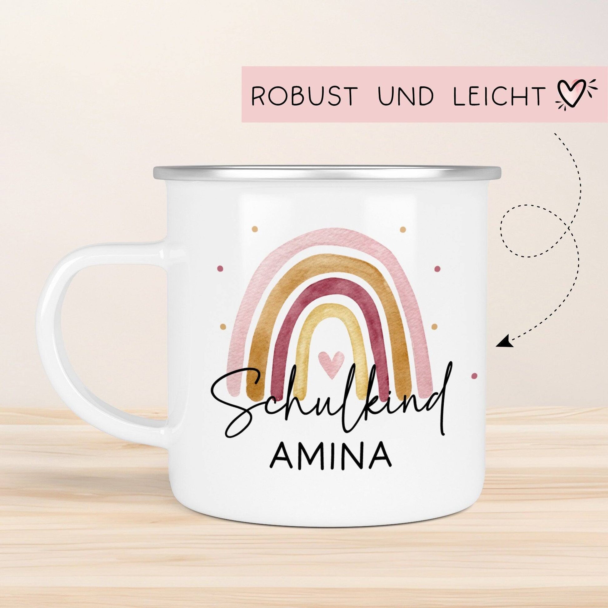 Schulanfang Schulkind Emaille Tasse Becher | Personalisiert mit Wunschnamen | Kindertasse zur Einschulung | Regenbogen Rosa Geschenk  kleinebuchstaben   