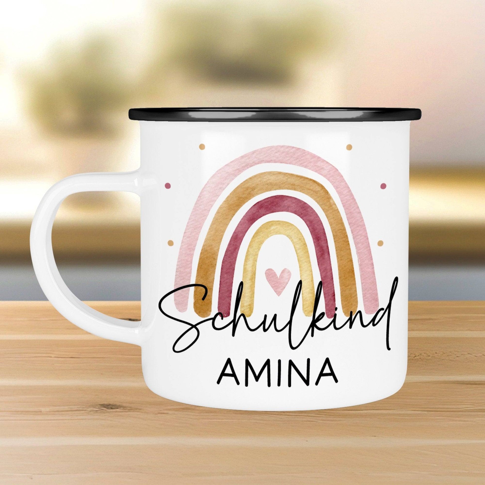 Schulanfang Schulkind Emaille Tasse Becher | Personalisiert mit Wunschnamen | Kindertasse zur Einschulung | Regenbogen Rosa Geschenk  kleinebuchstaben Schulkind Regenbogen Schwarz 