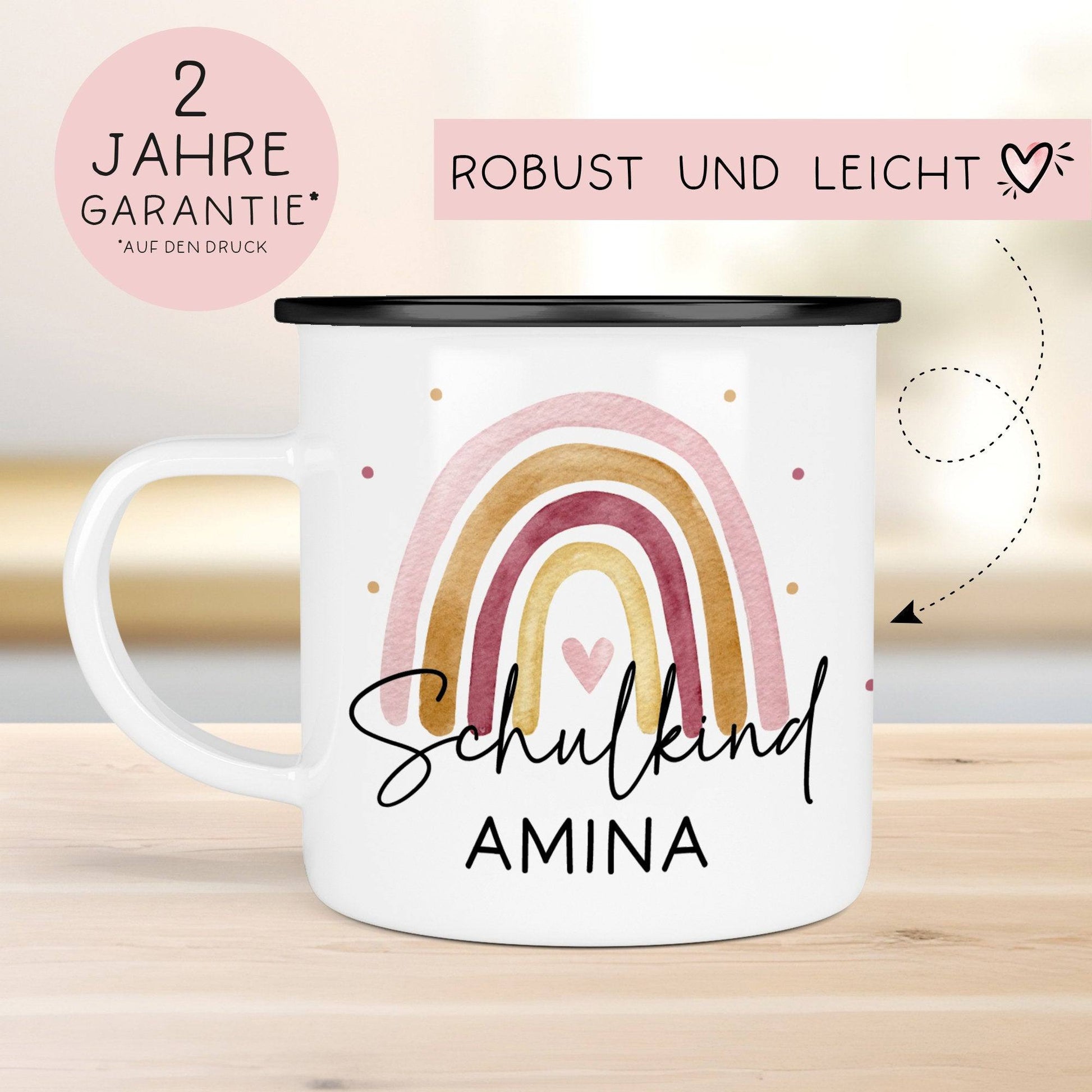 Schulanfang Schulkind Emaille Tasse Becher | Personalisiert mit Wunschnamen | Kindertasse zur Einschulung | Regenbogen Rosa Geschenk  kleinebuchstaben   