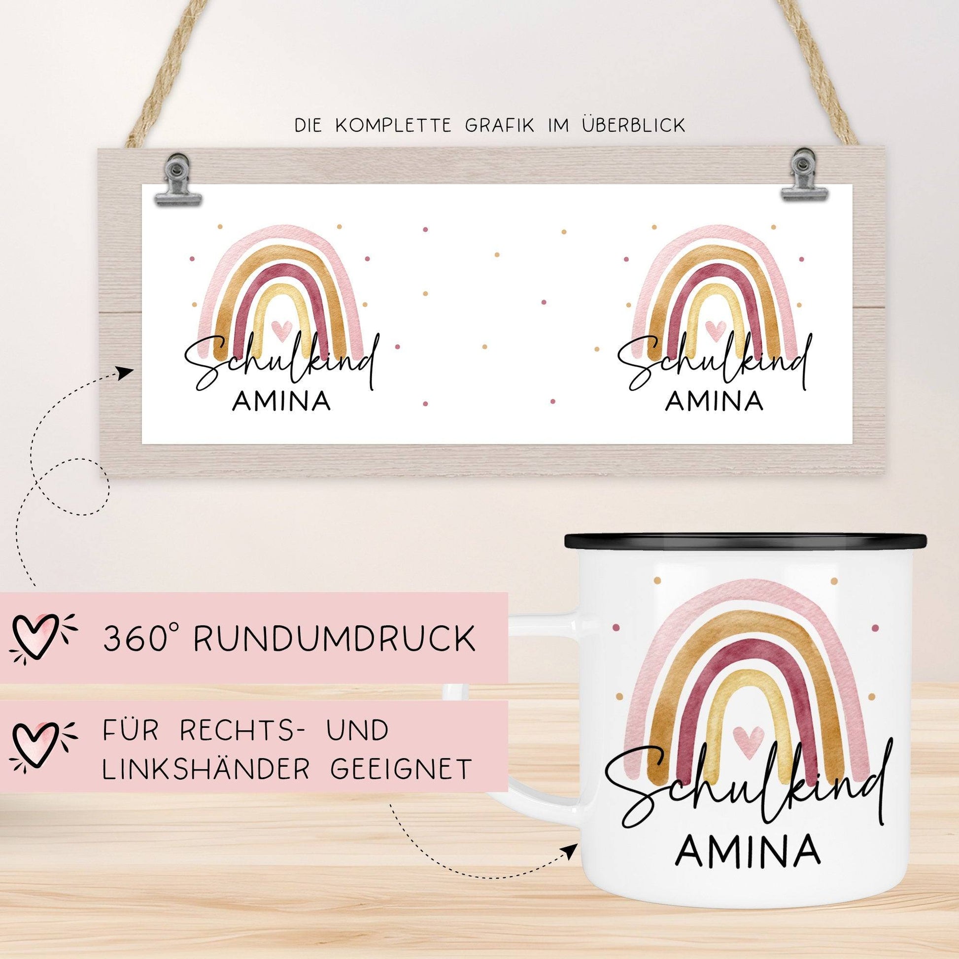 Schulanfang Schulkind Emaille Tasse Becher | Personalisiert mit Wunschnamen | Kindertasse zur Einschulung | Regenbogen Rosa Geschenk  kleinebuchstaben   