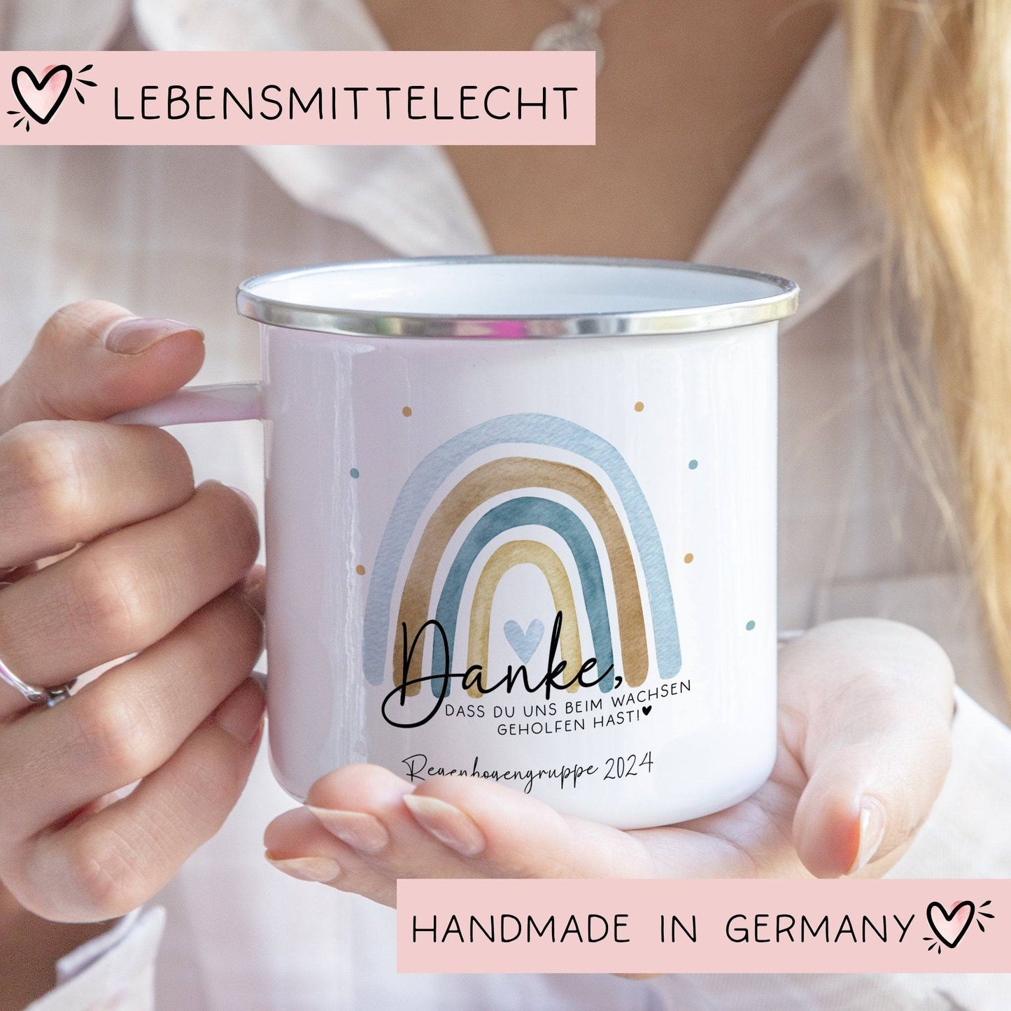 Danke das du uns beim Wachsen geholfen hast Emaille Becher - Regenbogen Abschiedsgeschenk für Erzieherin Geschenk Abschiedsgeschenk Lehrerin  kleinebuchstaben   