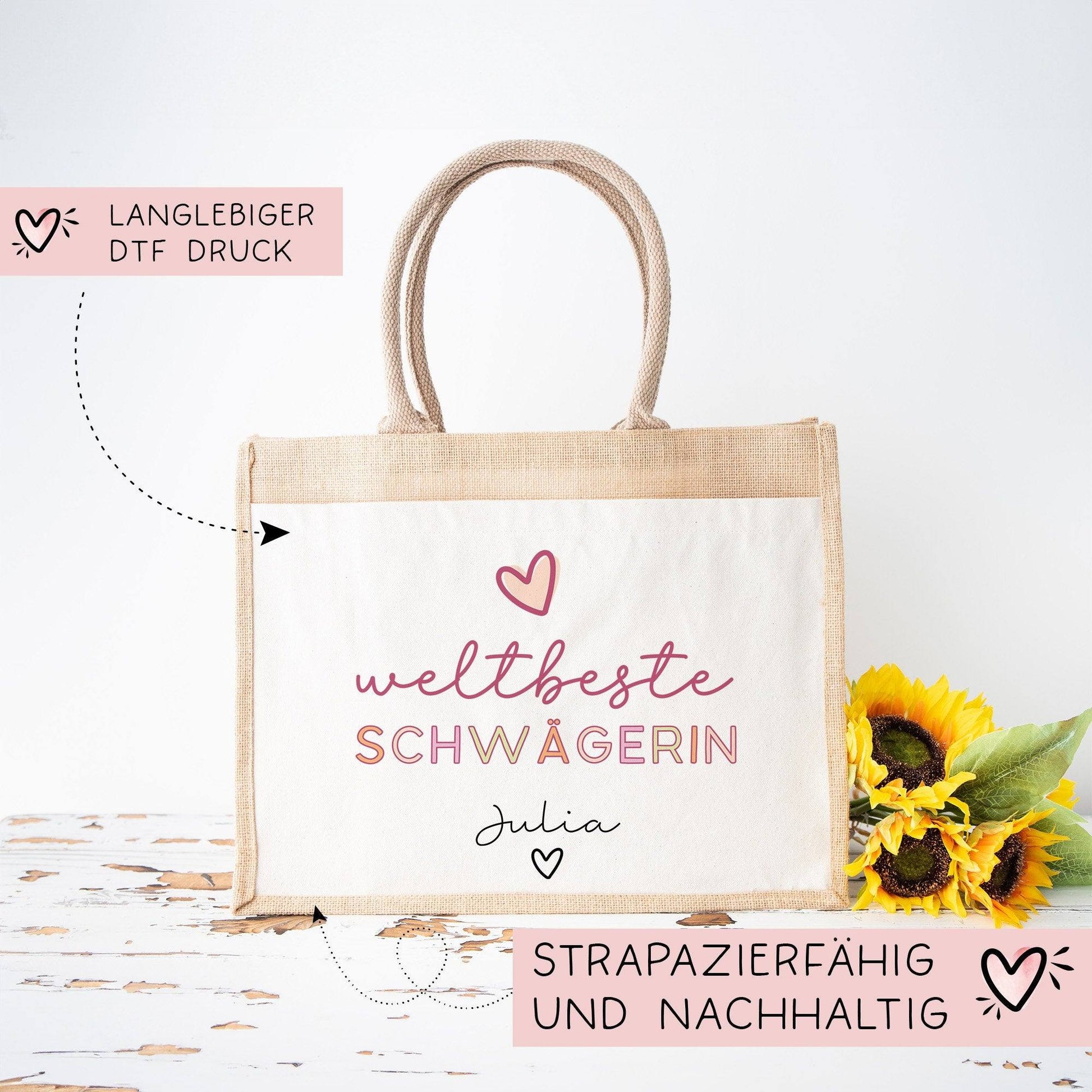 Weltbeste Schwägerin Tasche Stoffbeutel - mit Wunschname - Einkaufstasche - Tolle Geschenkidee für Mit Namen zum Geburtstag Personalisiert  kleinebuchstaben   