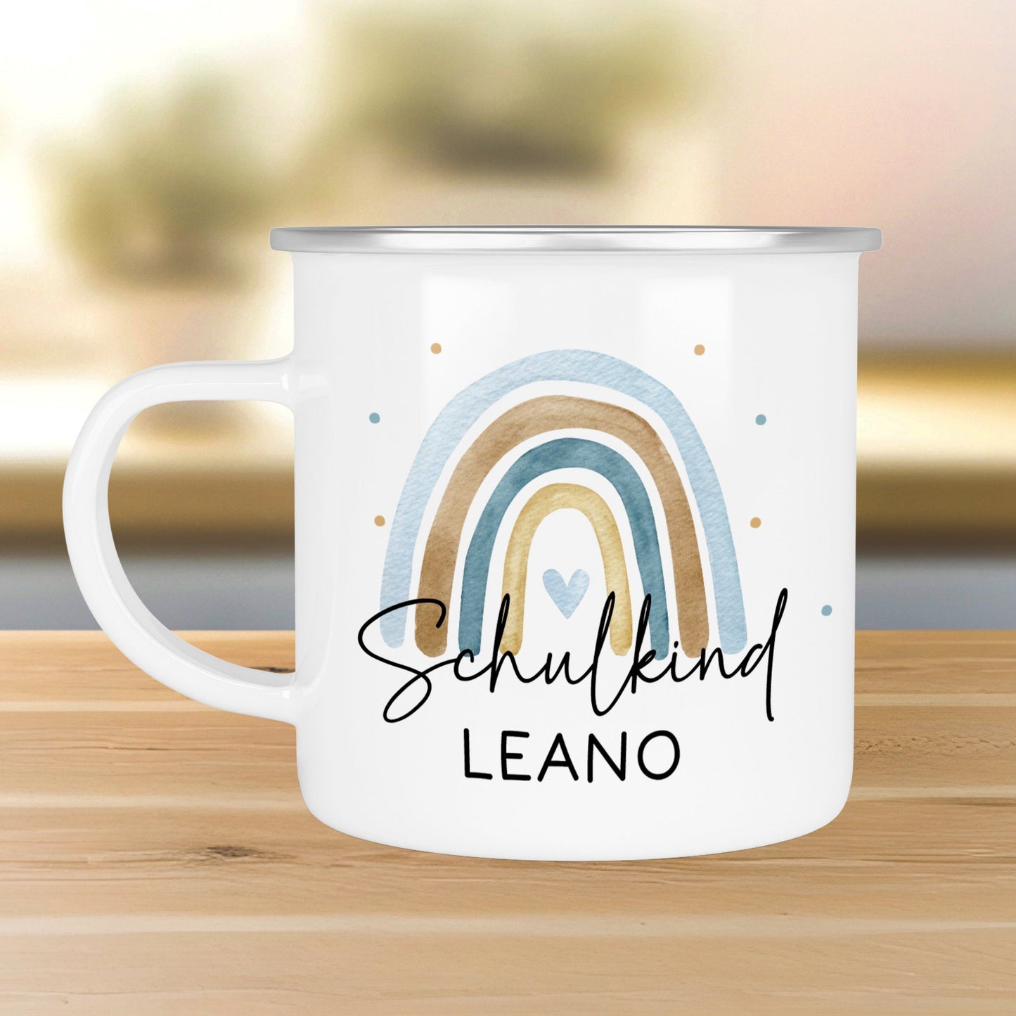 Schulkind Emaille Tasse Emaille Becher mit Namen personalisiert Regenbogen Rosa oder Blau für Jungs und Mädchen. Einschulung Geschenkidee  kleinebuchstaben Schulkind Blau Silber 