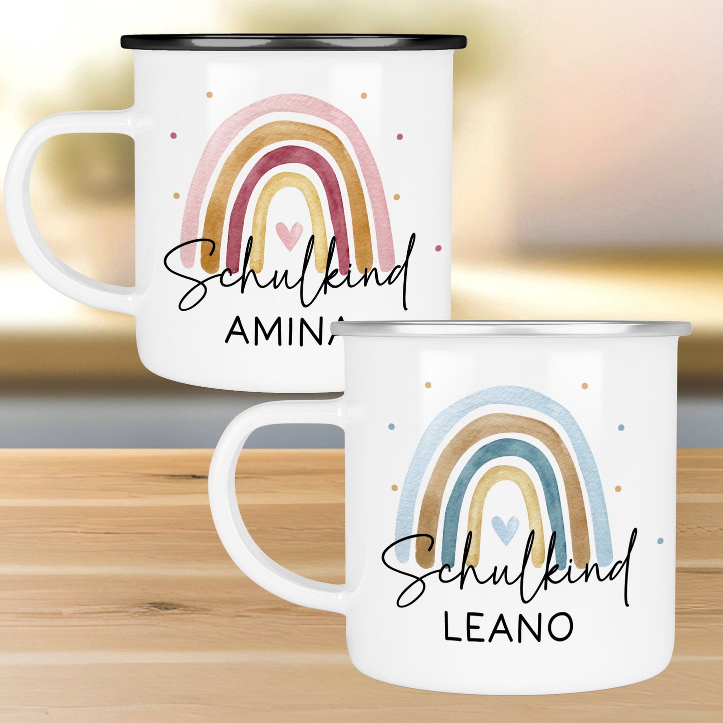 Schulkind Emaille Tasse Emaille Becher mit Namen personalisiert Regenbogen Rosa oder Blau für Jungs und Mädchen. Einschulung Geschenkidee  kleinebuchstaben   