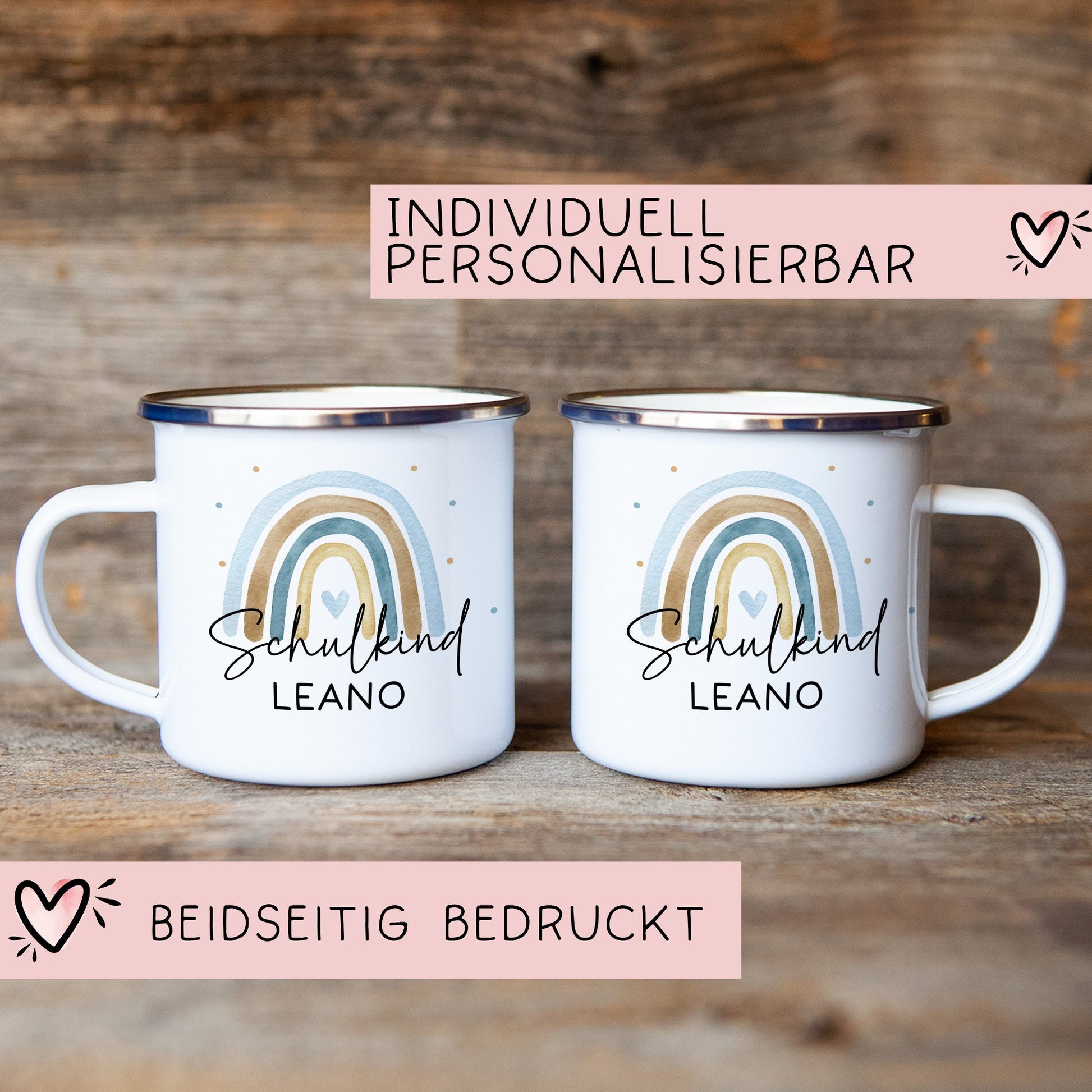 Schulkind Emaille Tasse Emaille Becher mit Namen personalisiert Regenbogen Rosa oder Blau für Jungs und Mädchen. Einschulung Geschenkidee  kleinebuchstaben   