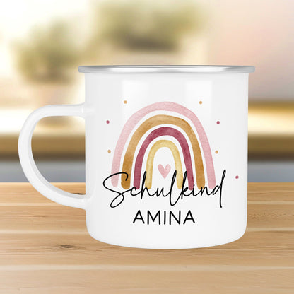 Schulkind Emaille Tasse Emaille Becher mit Namen personalisiert Regenbogen Rosa oder Blau für Jungs und Mädchen. Einschulung Geschenkidee  kleinebuchstaben Schulkind Rosa Silber 