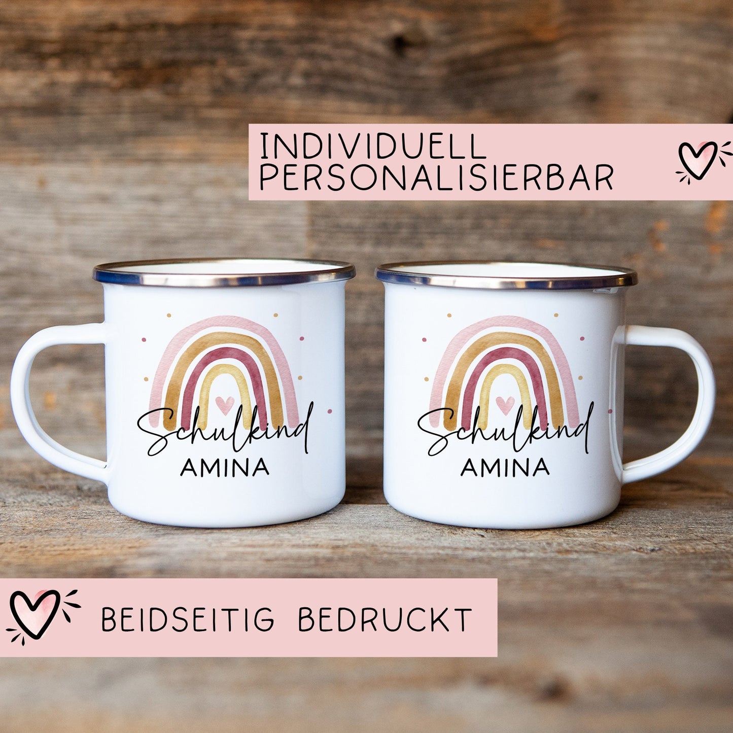 Schulkind Emaille Tasse Emaille Becher mit Namen personalisiert Regenbogen Rosa oder Blau für Jungs und Mädchen. Einschulung Geschenkidee  kleinebuchstaben   