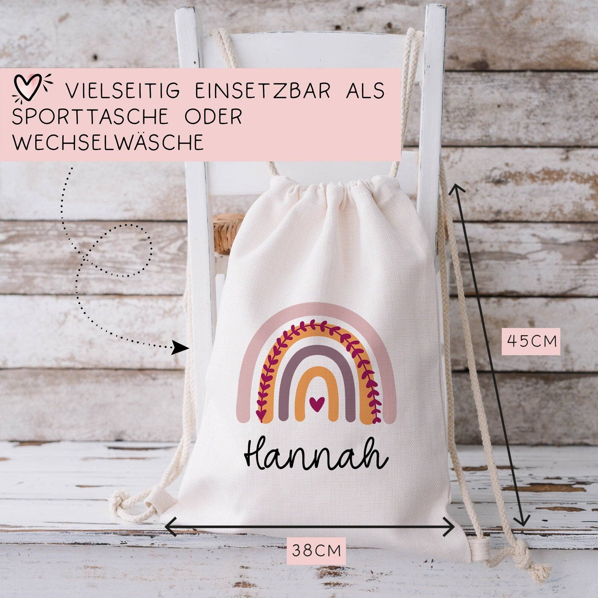 Personalisierter Turnbeutel aus Bio-Baumwolle | Mit Ihrem Wunsch-Namen | Regenbogen-Design. Perfekt als Rucksack für Schule und Kindergarten  kleinebuchstaben   