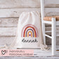 Personalisierter Turnbeutel aus Bio-Baumwolle | Mit Ihrem Wunsch-Namen | Regenbogen-Design. Perfekt als Rucksack für Schule und Kindergarten  kleinebuchstaben   