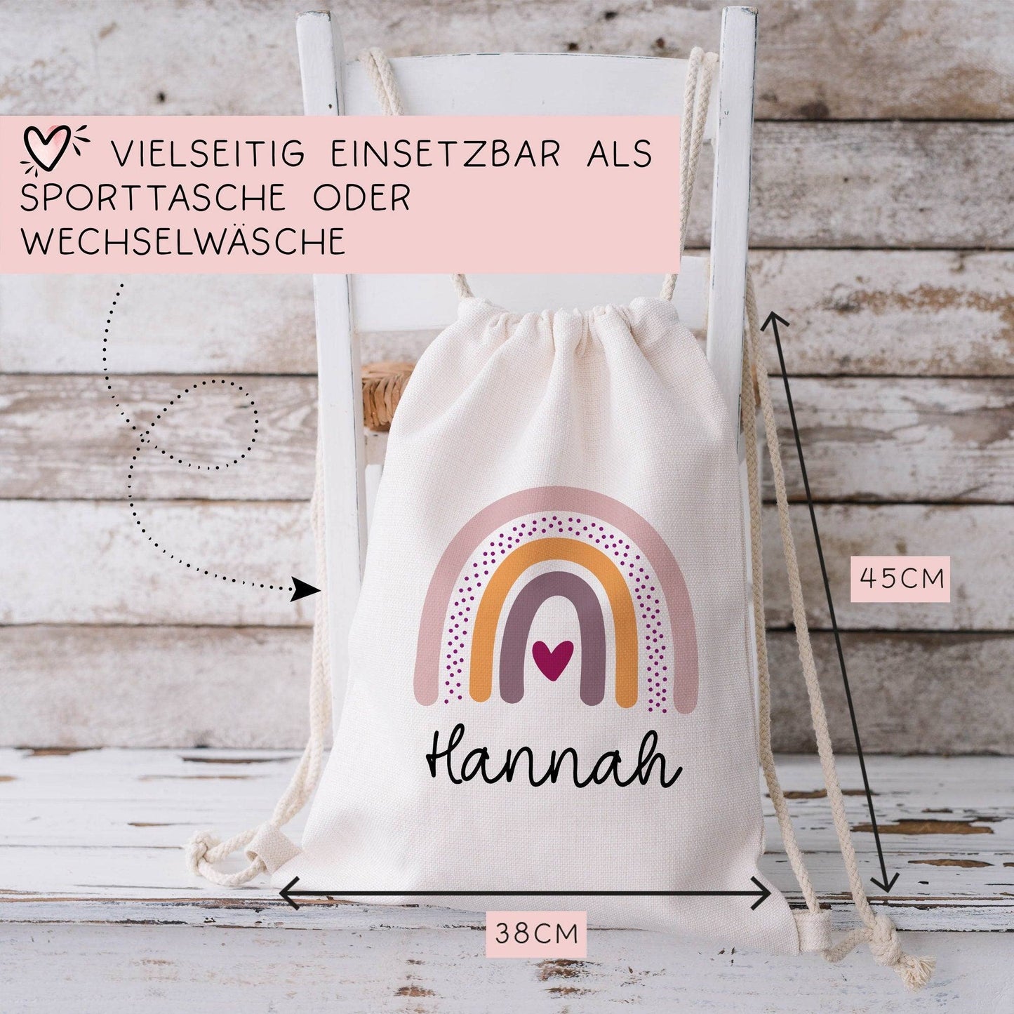 Kinder-Beutel mit Namen personalisiert Personalisierter Turnbeutel | Regenbogen-Design. Perfekt als Rucksack für Schule und Kindergarten  kleinebuchstaben   