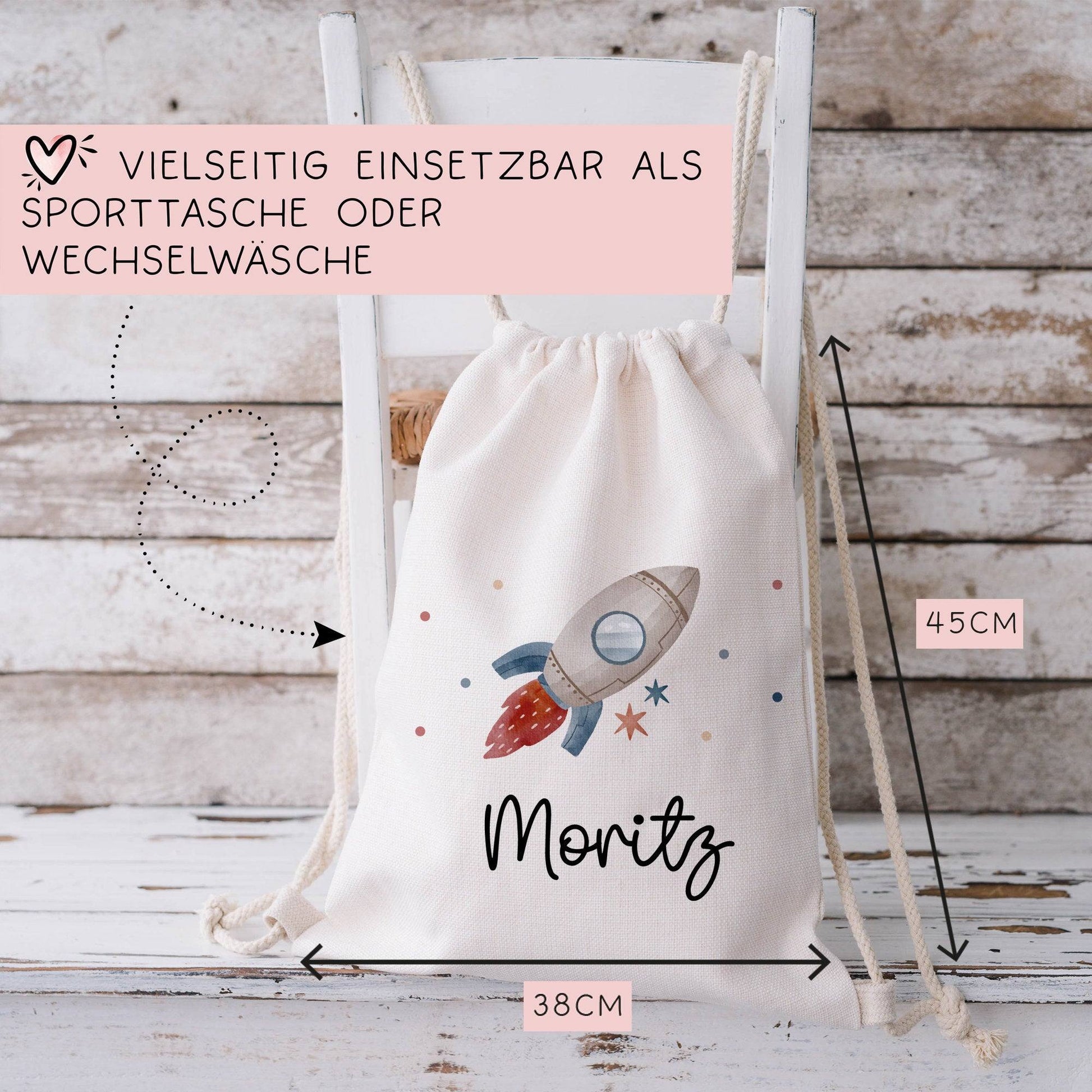 Kinder-Beutel mit Namen personalisiert Personalisierter Turnbeutel | Rakete Weltraum .Rucksack für als Sportbeutel für Schule, Kindergarten  kleinebuchstaben   