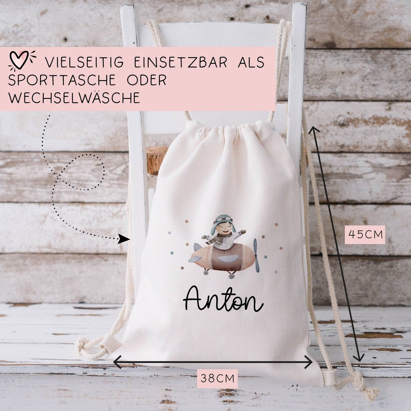 Flugzeug Turnbeutel Rucksack mit Namen - GymBag als Wäschebeutel, Sportbeutel Kinderbeutel für Schule, Kindergarten, Kita. Personalisiert  kleinebuchstaben   