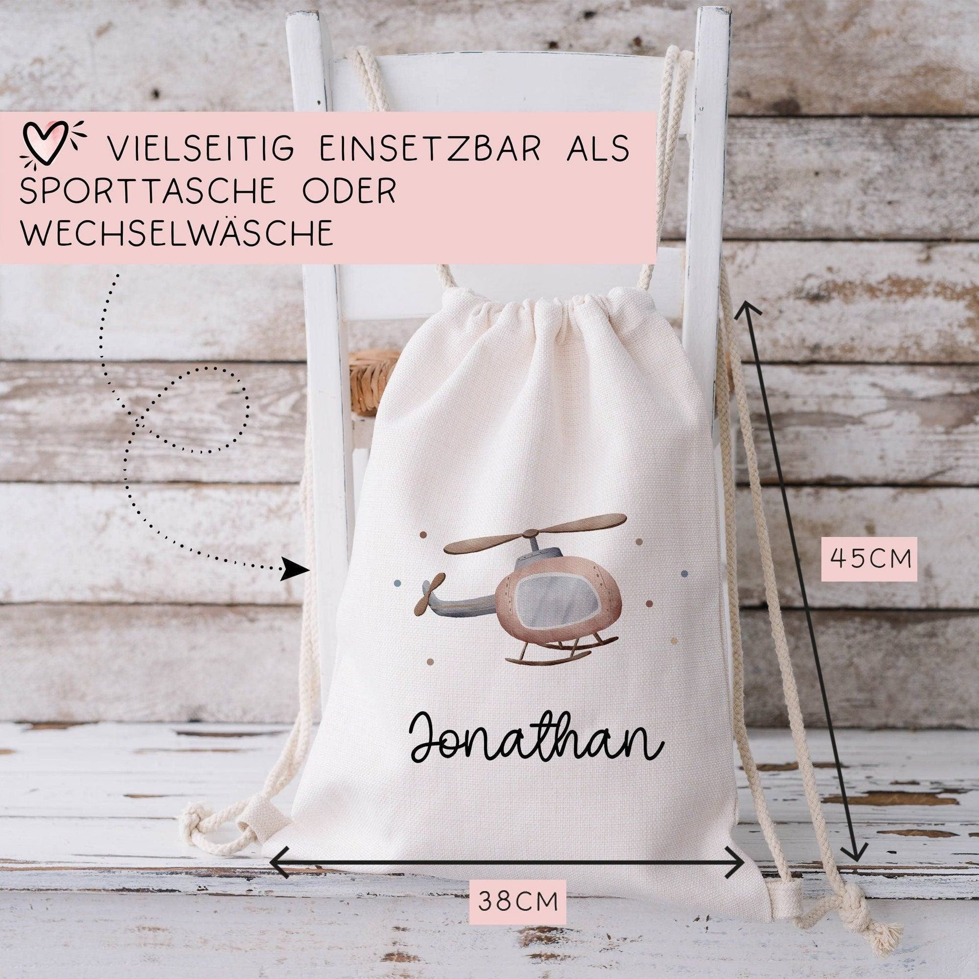 Hubschrauber Turnbeutel Rucksack mit Namen - GymBag als Wäschebeutel, Sportbeutel Kinderbeutel für Schule, Kindergarten, Kita.Personalisiert  kleinebuchstaben   