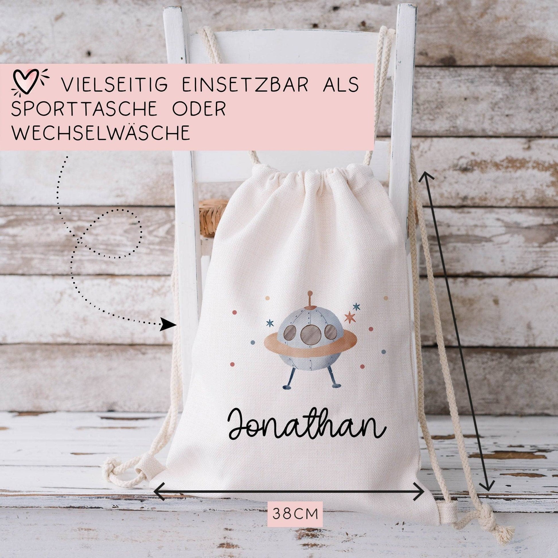 Ufo Weltraum Turnbeutel Rucksack mit Namen - GymBag als Wäschebeutel, Sportbeutel Kinderbeutel für Schule, Kindergarten, Kita.Personalisiert  kleinebuchstaben   