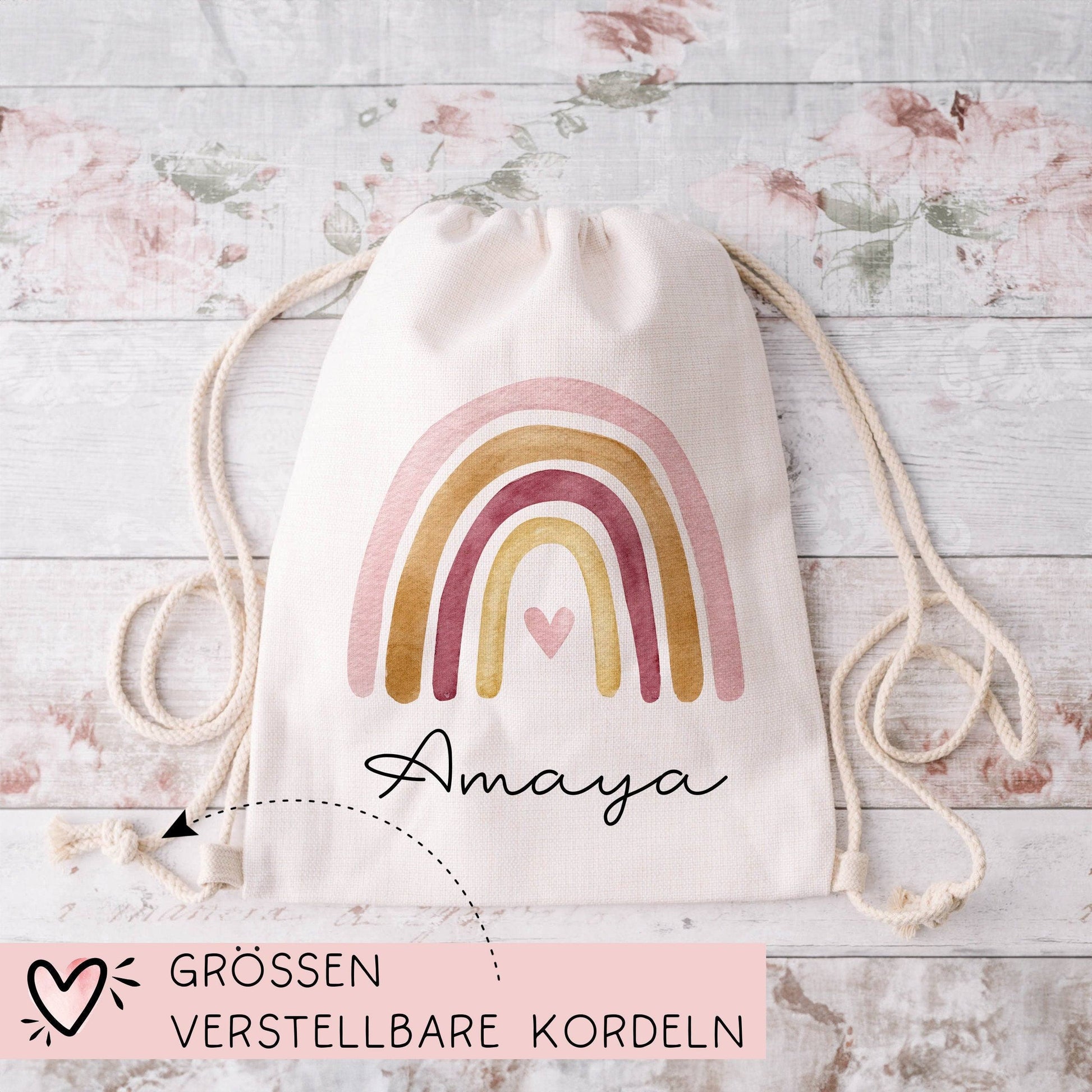 Regenbogen Turnbeutel Rucksack mit Namen - GymBag als Wäschebeutel, Sportbeutel Kinderbeutel für Schule, Kindergarten, Kita. Personalisiert  kleinebuchstaben   