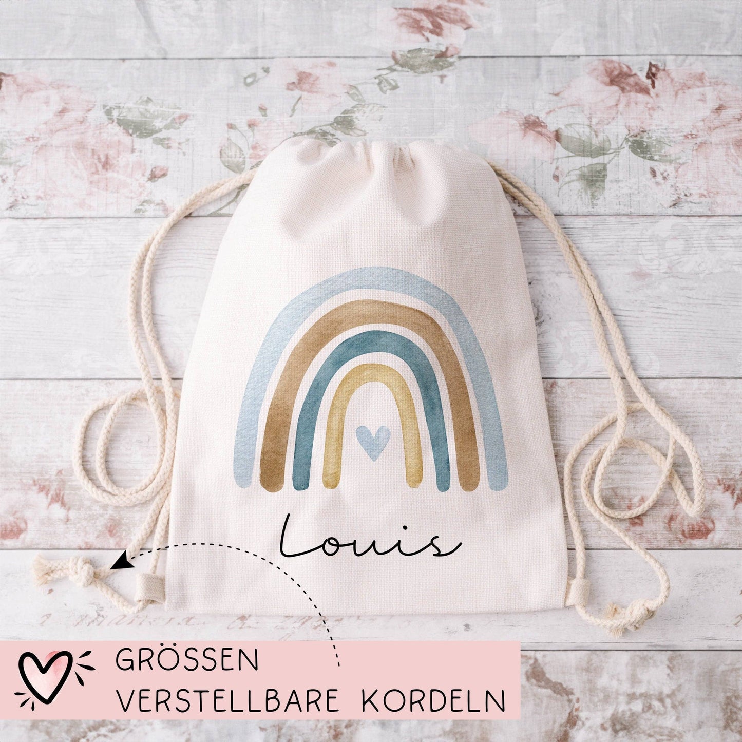 Regenbogen Turnbeutel Rucksack mit Namen - GymBag als Wäschebeutel, Sportbeutel Kinderbeutel für Schule, Kindergarten, Kita. Personalisiert  kleinebuchstaben   