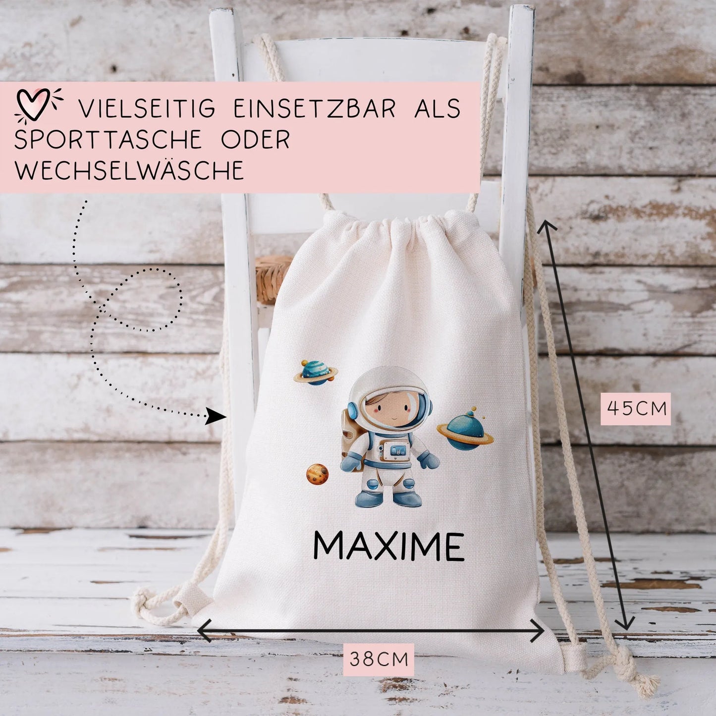 Stoffbeutel Astronaut Turnbeutel Rucksack, Kindergartentasche mit Name personalisiert Weltraum Weltall Astronaut aus Bio-Baumwolle  kleinebuchstaben   