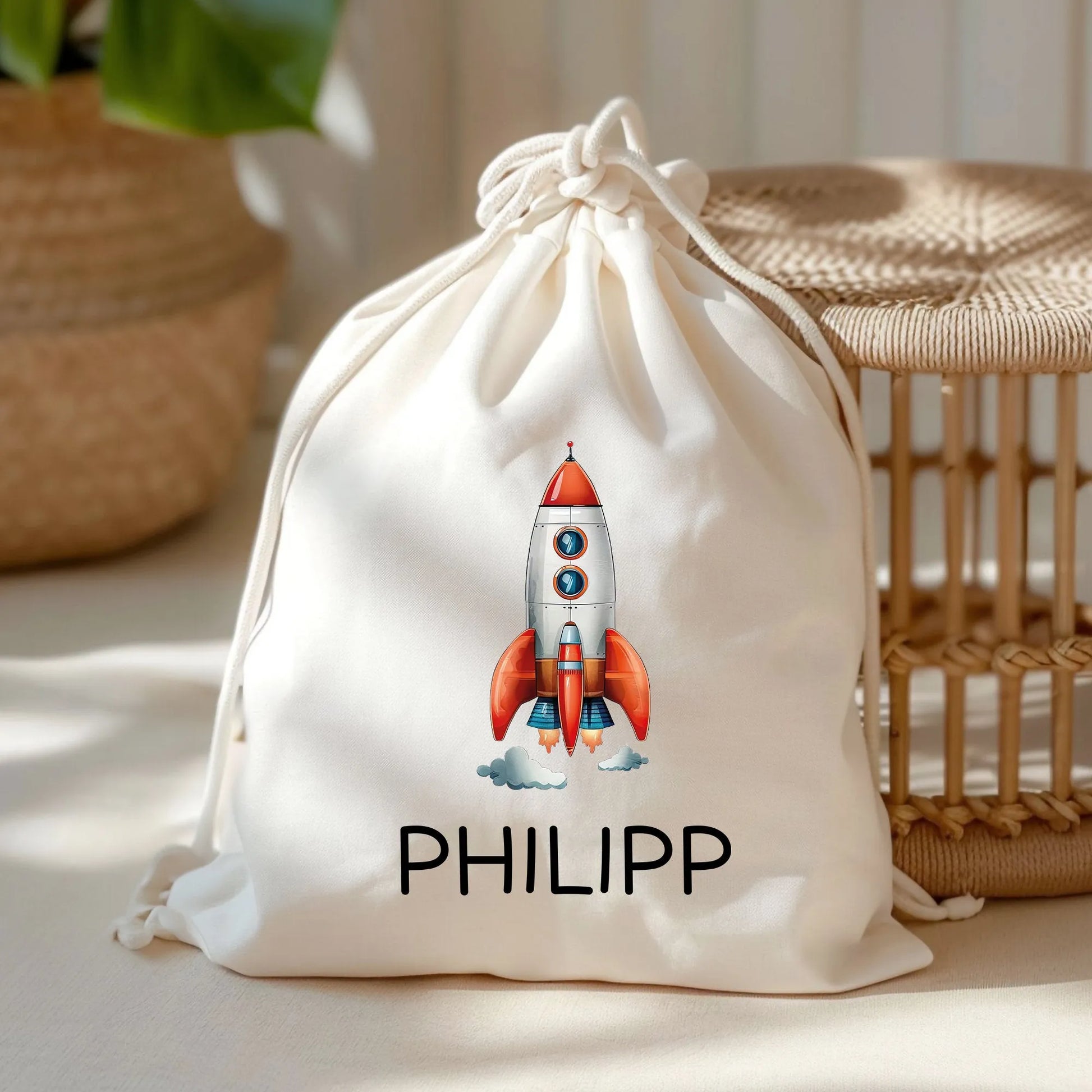 Stofftasche Rakete Personalisiert - Kinder-Beutel Einkaufstasche mit Namen als Sporttasche, Tragetasche Wechselwäsche für Kita Schule - 06  kleinebuchstaben   