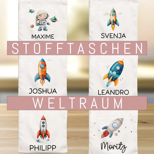 Stofftasche Rakete mit Namen Weltraum Astronaut Personalisiert - Kinder-Beutel Namen als Sporttasche, Tragetasche Wechselwäsche Schule  kleinebuchstaben   