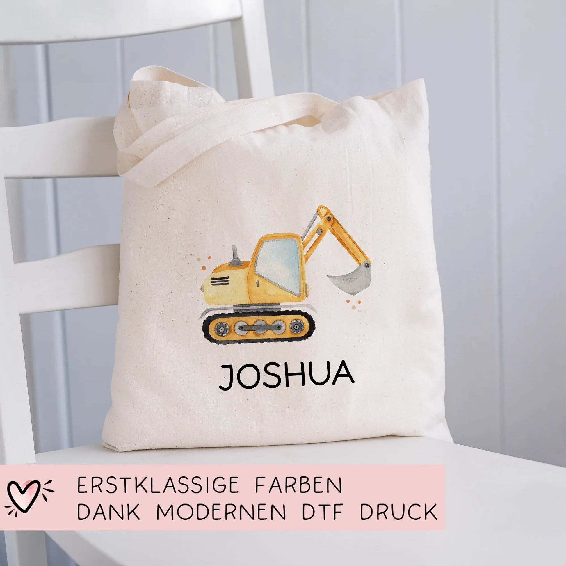 Stofftasche Bagger Baustelle Personalisiert mit Namen. Für Schule und Kindergarten als Wäschebeutel Wechselwäsche für Mädchen & Junge  kleinebuchstaben   