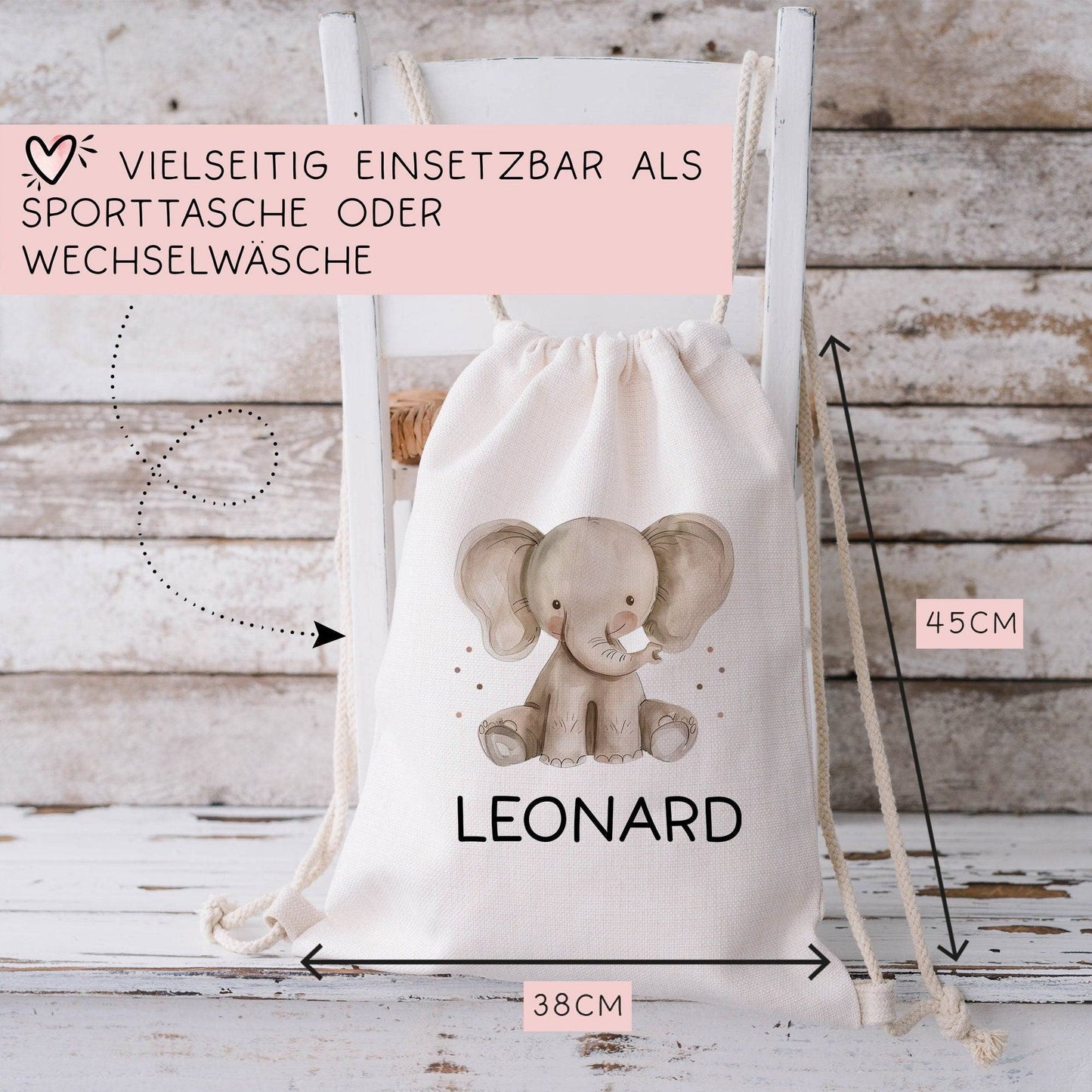 Personalisierter Turnbeutel mit einem Elefant | mit Wunschnamen | Tierkinder | Rucksack für Schule, Kindergarten, KITA und KIGA Wäschebeutel  kleinebuchstaben   