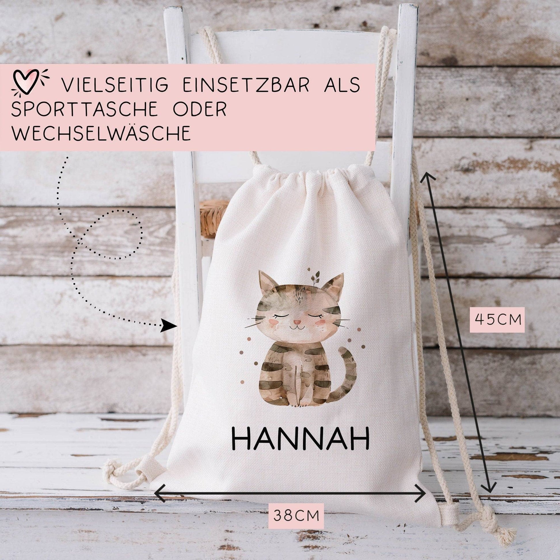 Personalisierter Turnbeutel mit einer Katze | mit Wunschnamen | Tierkinder | Rucksack für Schule, Kindergarten, KITA und KIGA Wäschebeutel  kleinebuchstaben   