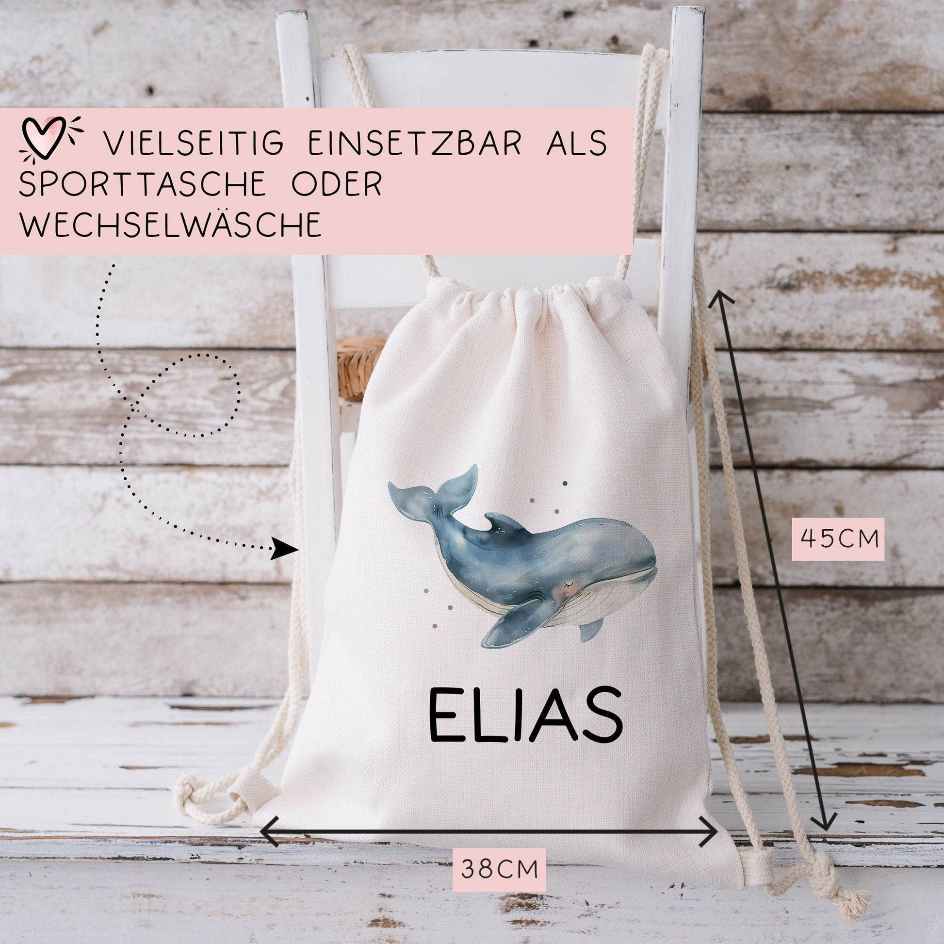 Personalisierter Turnbeutel Wal Wunschnamen |  Rucksack für Schule, Kindergarten, KITA , KIGA | als Wäschebeutel, Sportbeutel l Tierkinder  kleinebuchstaben   