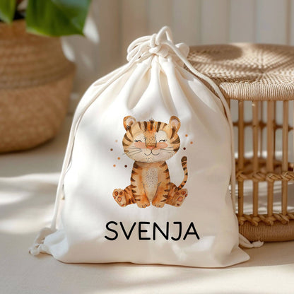 Personalisierter Turnbeutel Affe, Elefant, Hund, Katze, Kuh, Tiger, Löwe, Pferd, Wal, Hase | Kindergarten, KITA , KIGA | als Wäschebeutel  kleinebuchstaben Tiger Turnbeutel 
