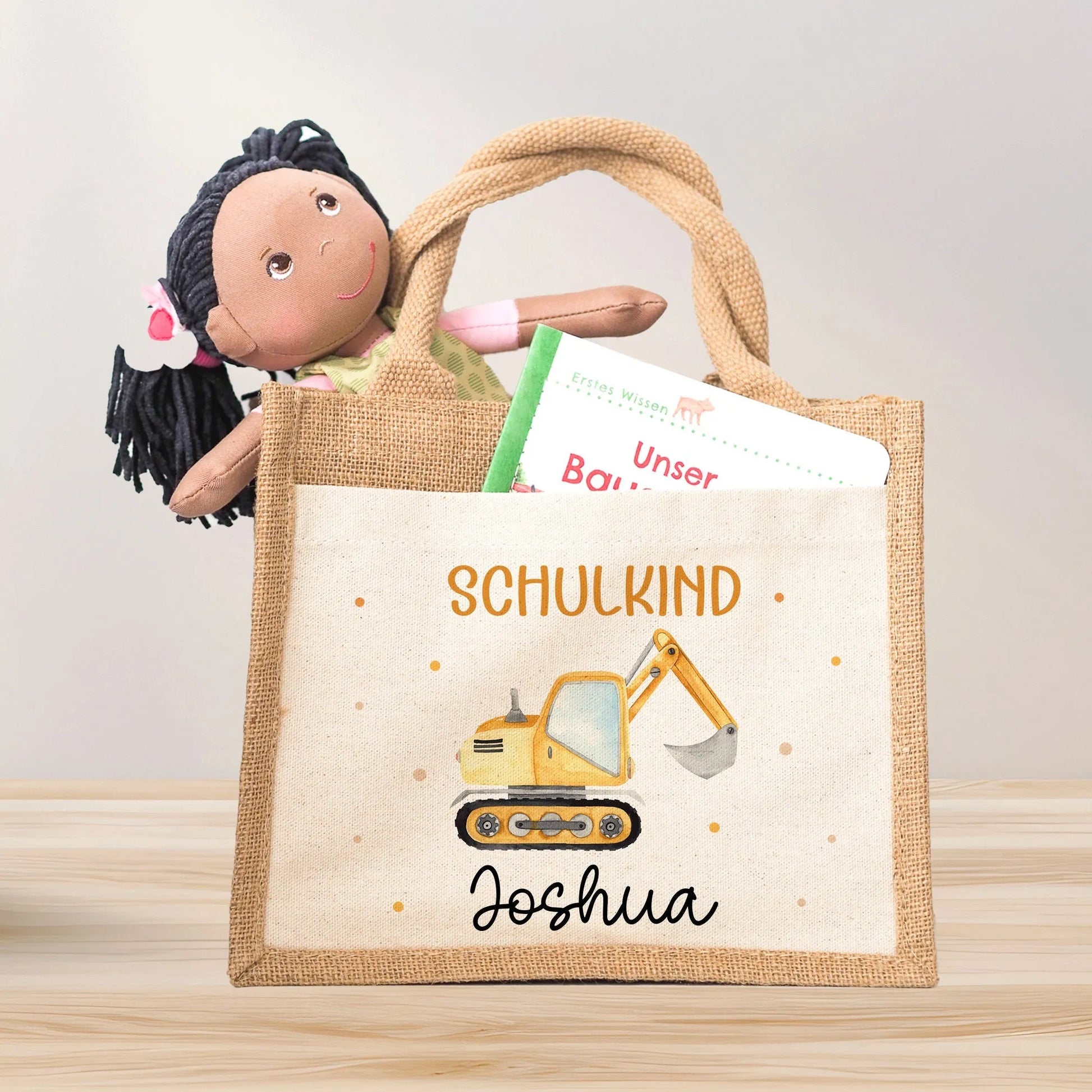 Bagger Schulkind 2024 Pocket Tasche mit Wunschnamen | 100% Jute | Schaufelbagger Baustelle | Geschenk Einschulung | Schultüte personalisiert  kleinebuchstaben Bagger kein Datum 