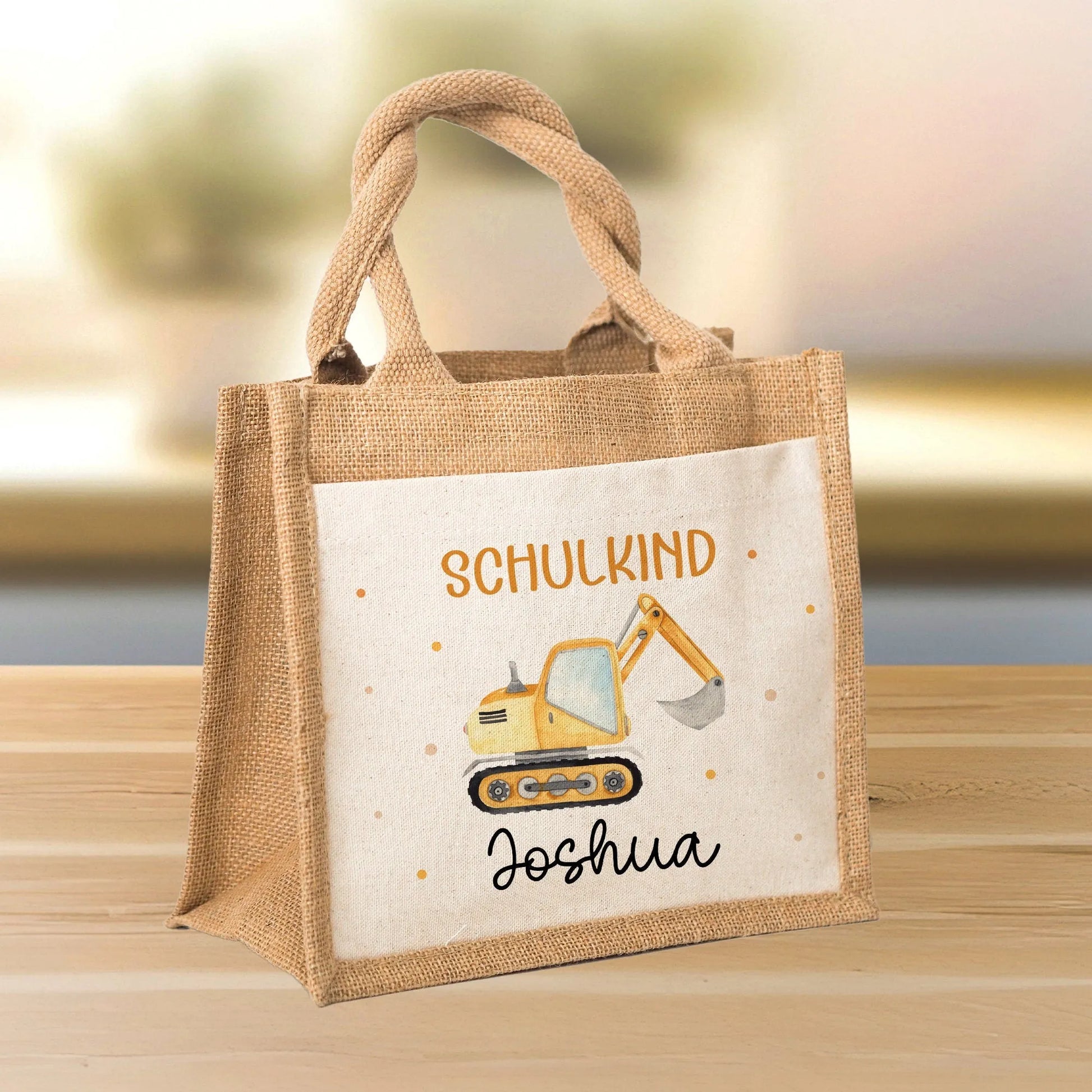 Bagger Schulkind 2024 Pocket Tasche mit Wunschnamen | 100% Jute | Schaufelbagger Baustelle | Geschenk Einschulung | Schultüte personalisiert  kleinebuchstaben   