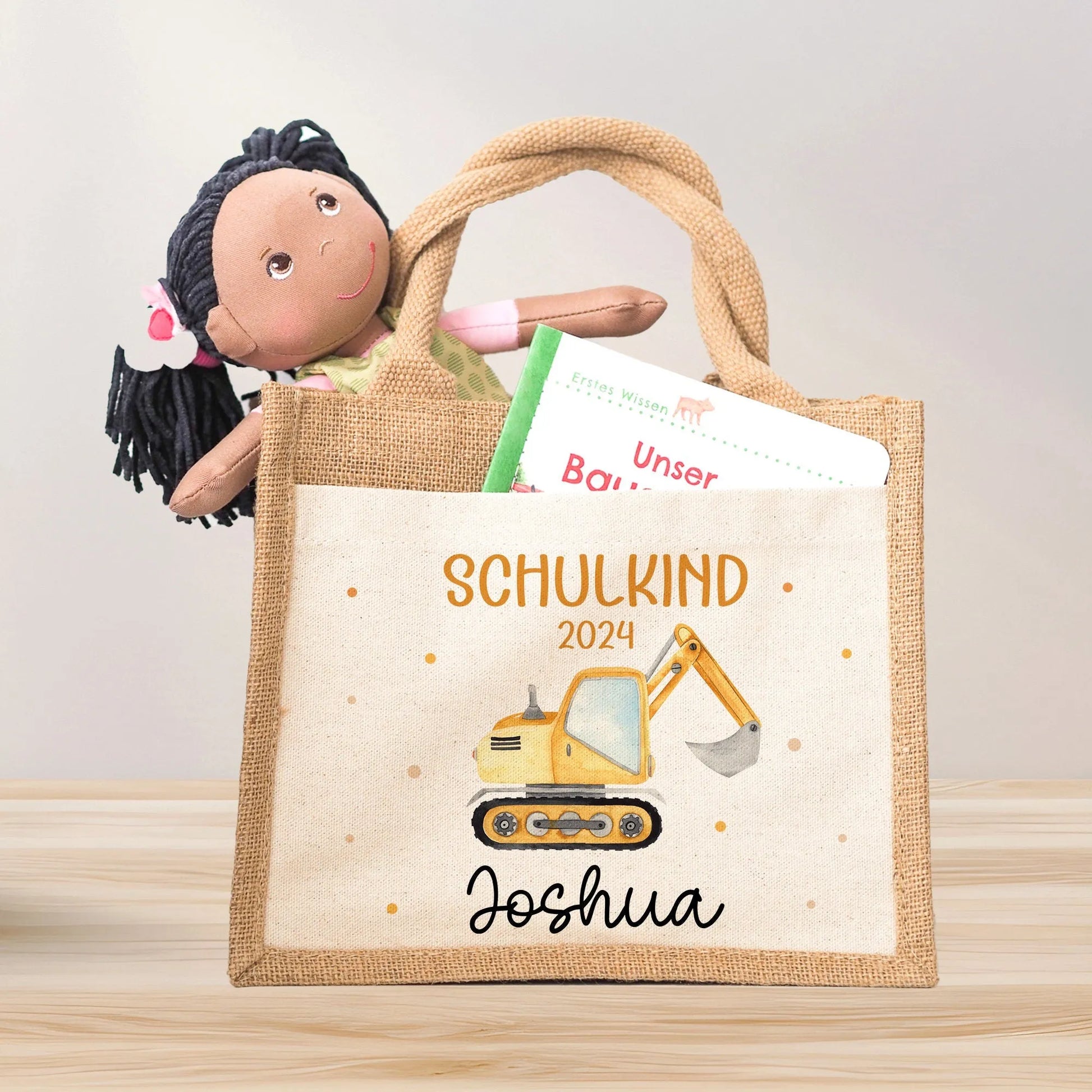 Bagger Schulkind 2024 Pocket Tasche mit Wunschnamen | 100% Jute | Schaufelbagger Baustelle | Geschenk Einschulung | Schultüte personalisiert  kleinebuchstaben Bagger Schulkind 2024 