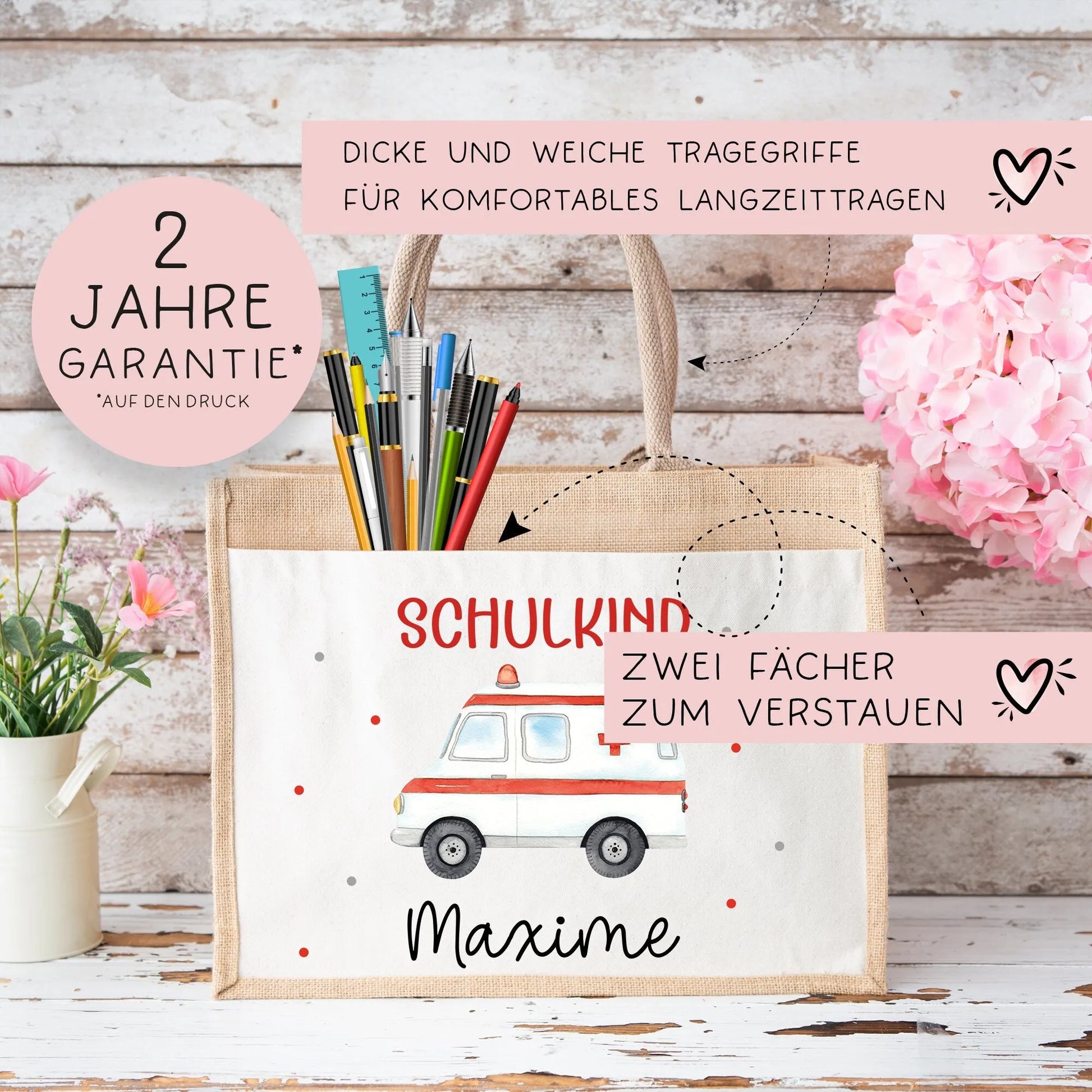 Krankenwagen Schulkind Tasche Wunschnamen 2024 | 100% Jute | RTW Rettungsfahrzeug | Geschenk Einschulung | Schultüte personalisiert | Schule  kleinebuchstaben   