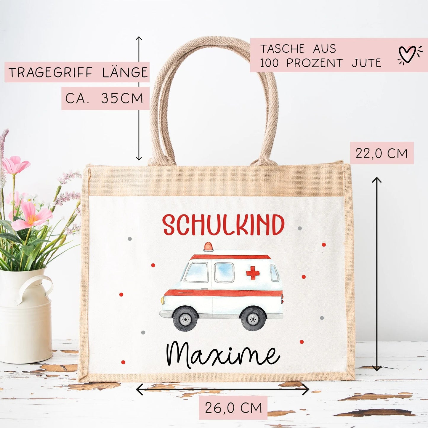 Krankenwagen Schulkind Tasche Wunschnamen 2024 | 100% Jute | RTW Rettungsfahrzeug | Geschenk Einschulung | Schultüte personalisiert | Schule  kleinebuchstaben   