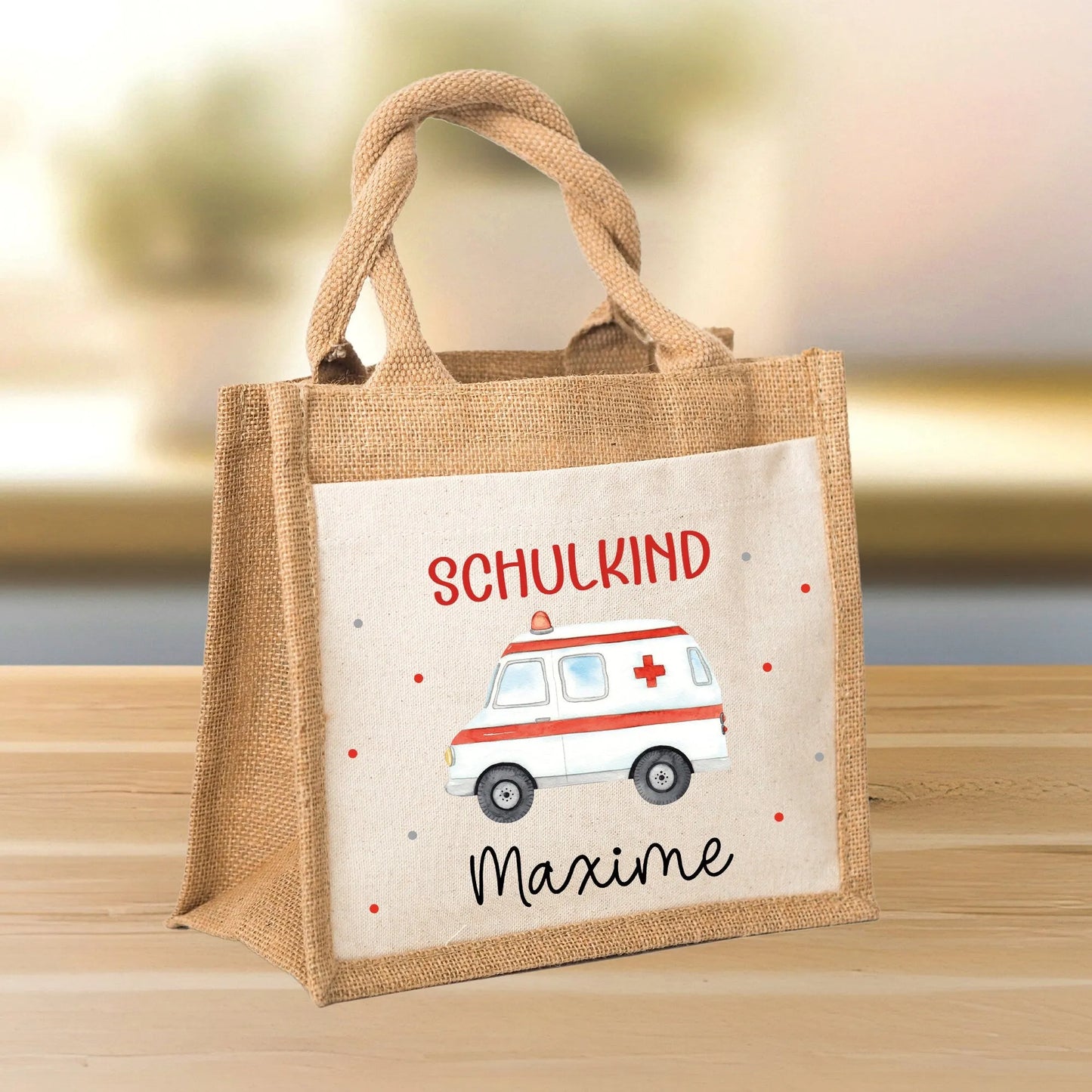 Krankenwagen Schulkind Tasche Wunschnamen 2024 | 100% Jute | RTW Rettungsfahrzeug | Geschenk Einschulung | Schultüte personalisiert | Schule  kleinebuchstaben   