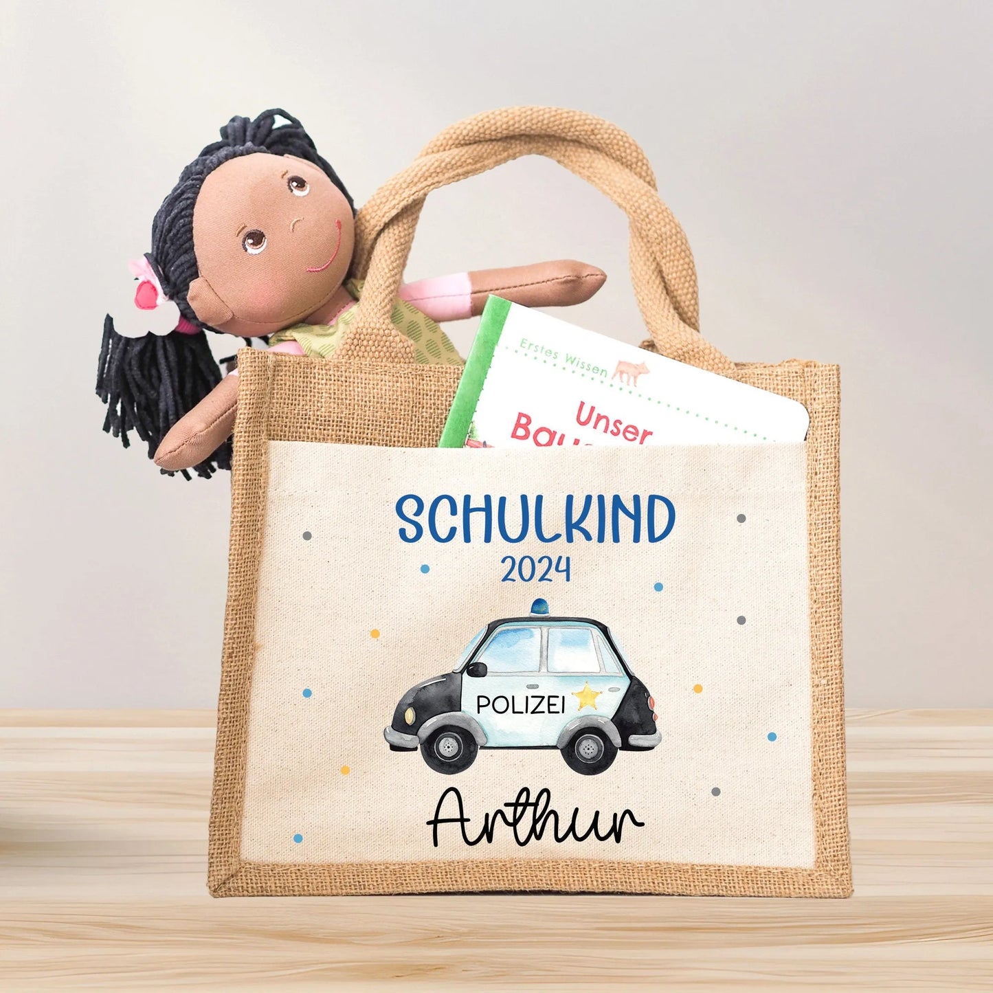 Polizeiwagen Schulkind Tasche Wunschnamen | 100% Jute | Streifenwagen Polizei | Geschenk Einschulung | Schultüte personalisiert | Schule  kleinebuchstaben mit 2024  