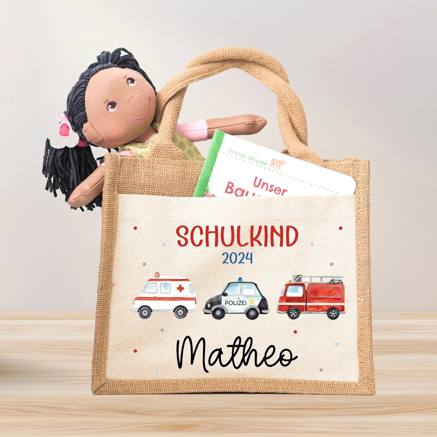 RTW Polizeiwagen Feuerwehr Krankenwagen Schulkind Tasche Wunschnamen | 100% Jute | Geschenk Einschulung | Schultüte personalisiert | Schule  kleinebuchstaben mit 2024  