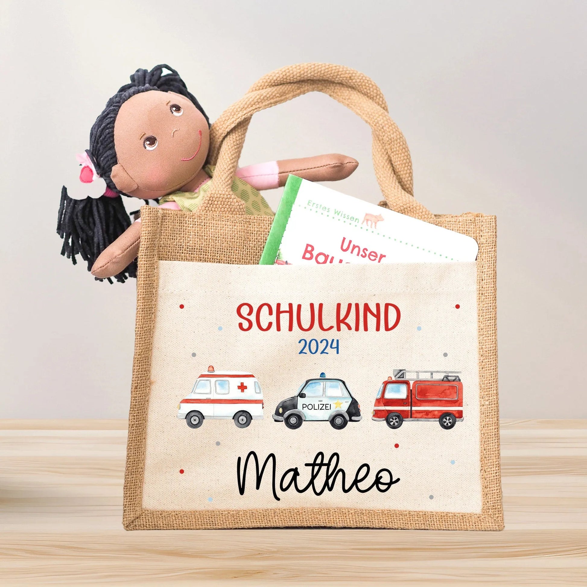 RTW Polizeiwagen Feuerwehr Krankenwagen Schulkind Tasche Wunschnamen | 100% Jute | Geschenk Einschulung | Schultüte personalisiert | Schule  kleinebuchstaben mit 2024  