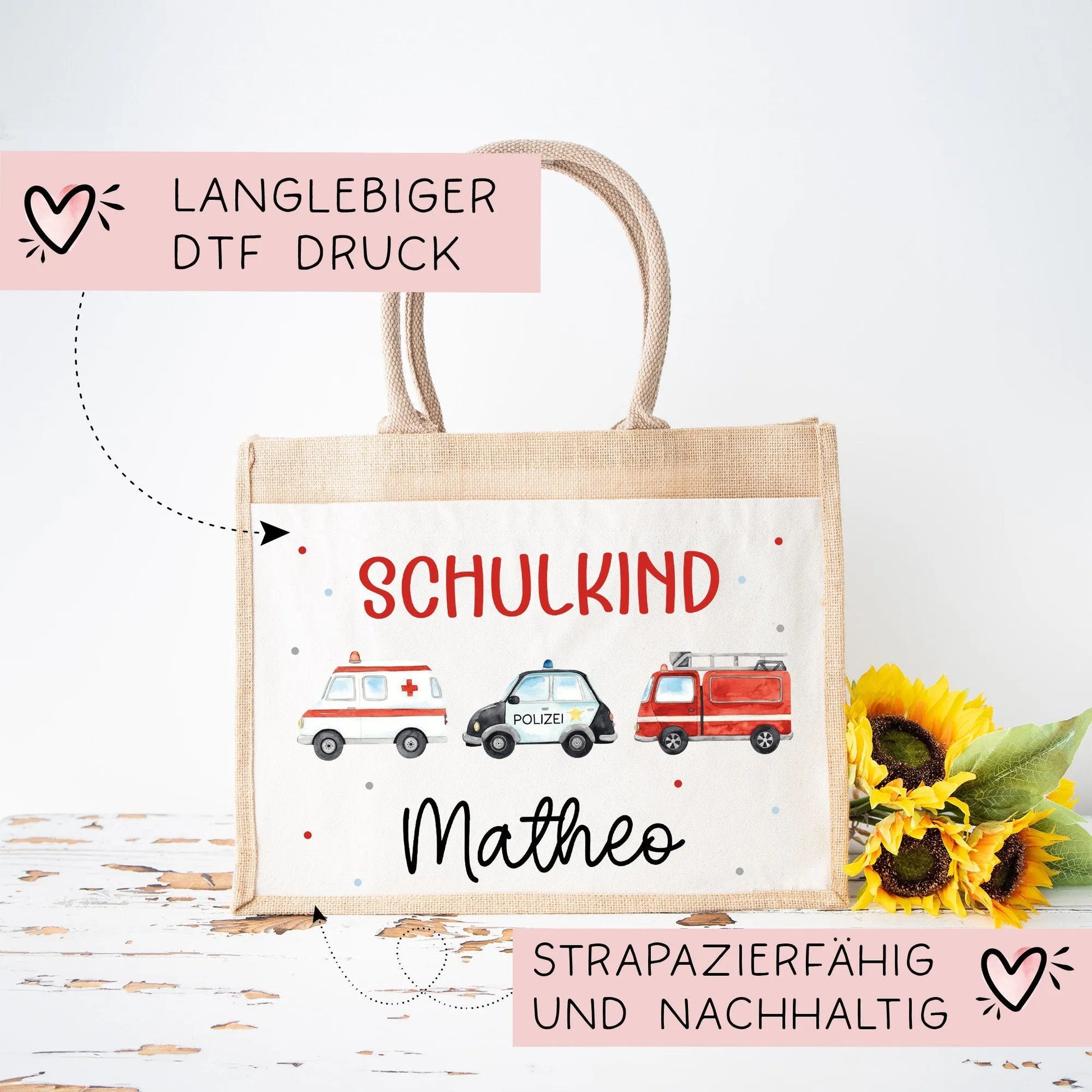 RTW Polizeiwagen Feuerwehr Krankenwagen Schulkind Tasche Wunschnamen | 100% Jute | Geschenk Einschulung | Schultüte personalisiert | Schule  kleinebuchstaben   