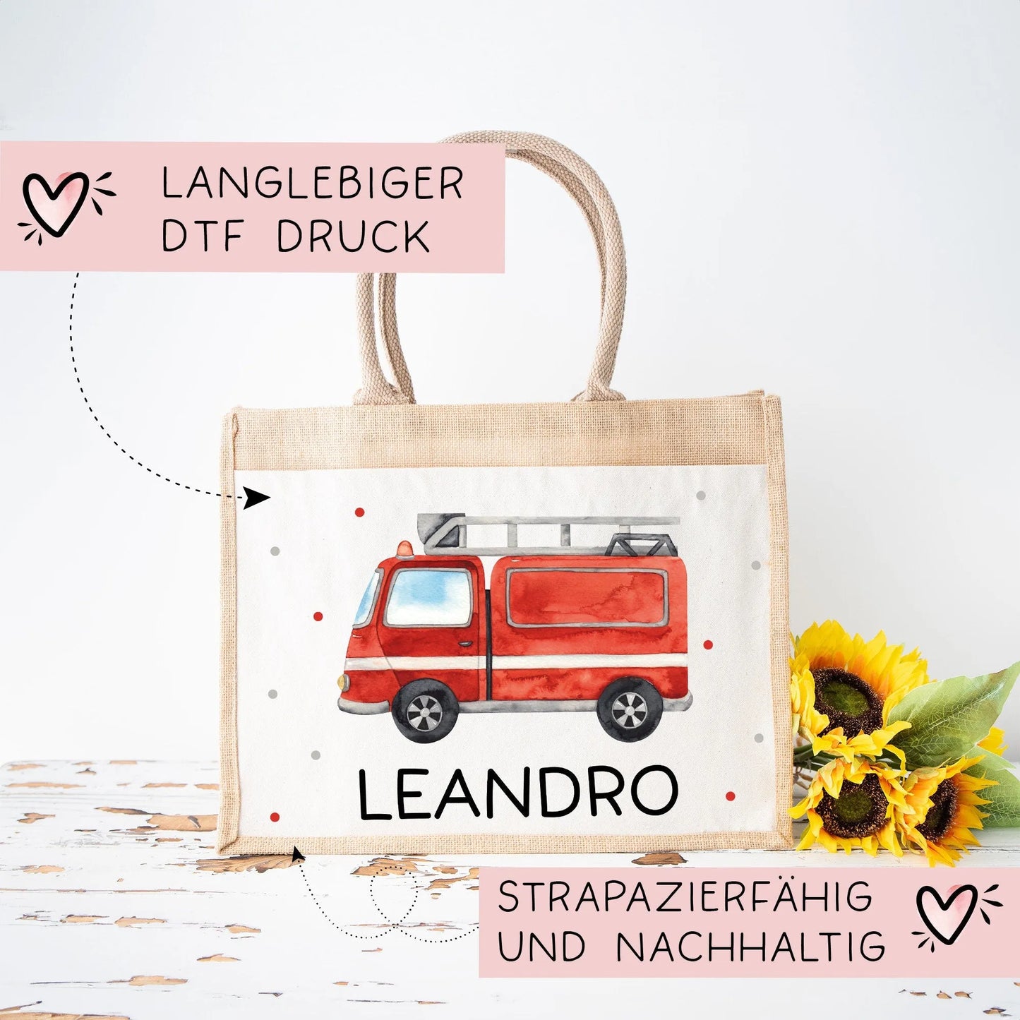 Feuerwehrwagen Pocket Tasche Wunschnamen | 100% Jute | Feuerwehrauto Löschfahrzeug | Geschenk zum Geburtstag, Nikolaus, Weihnachten Ostern  kleinebuchstaben   