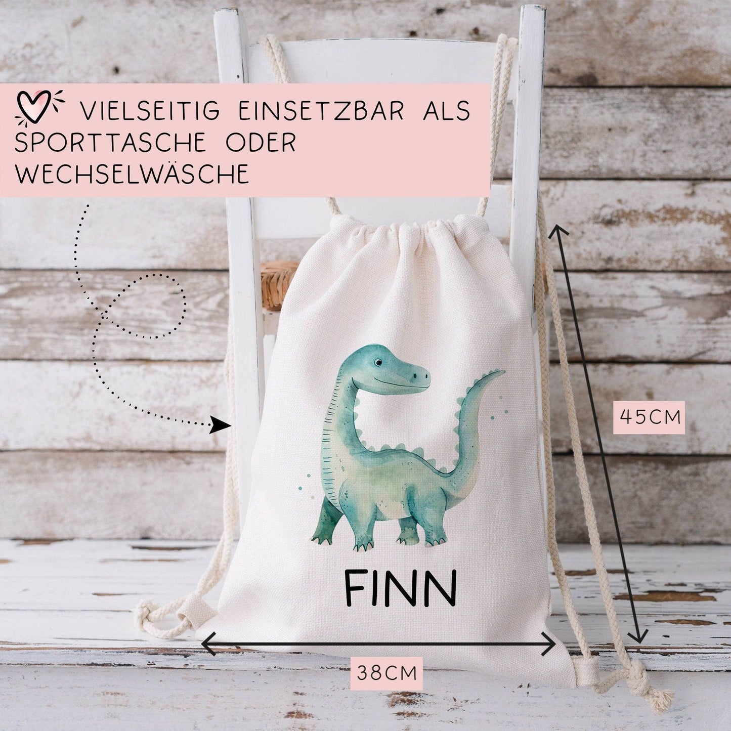 Personalisierter Turnbeutel Dino Dinosaurier "Brontosaurus" mit Wunschnamen | Rucksack Schule, Kindergarten, KITA, Wäschebeutel, Sportbeutel  kleinebuchstaben   